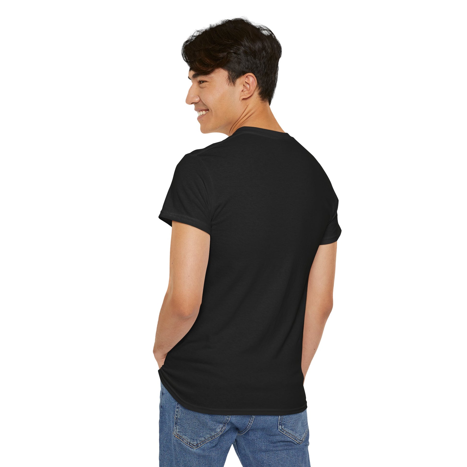 Back view of a black unisex camping t-shirt for outdoor enthusiasts, featuring a comfortable fit