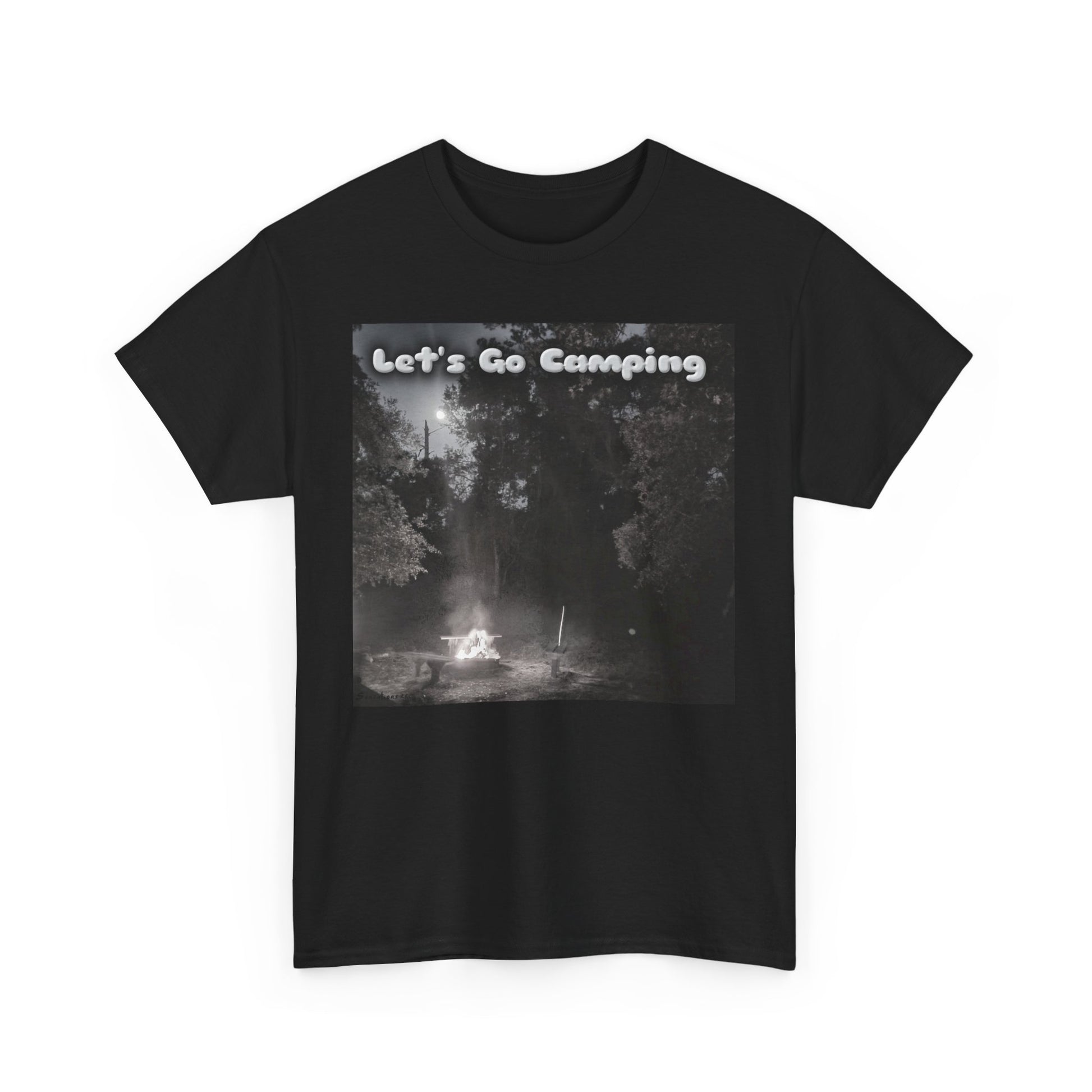 Unisex camping t-shirt with a black design featuring a campfire and the phrase Let's Go Camping