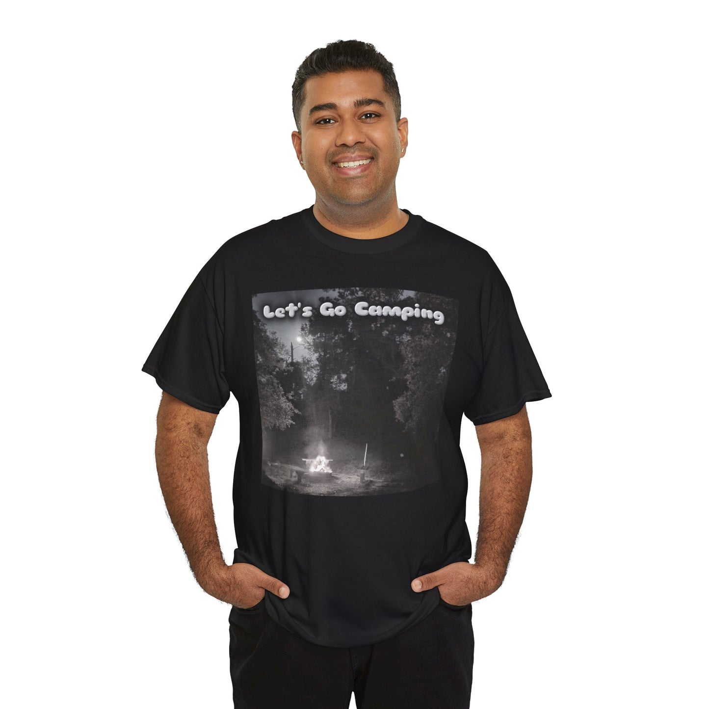 Black unisex camping t-shirt featuring a nostalgic camping scene with the text Let's Go Camping