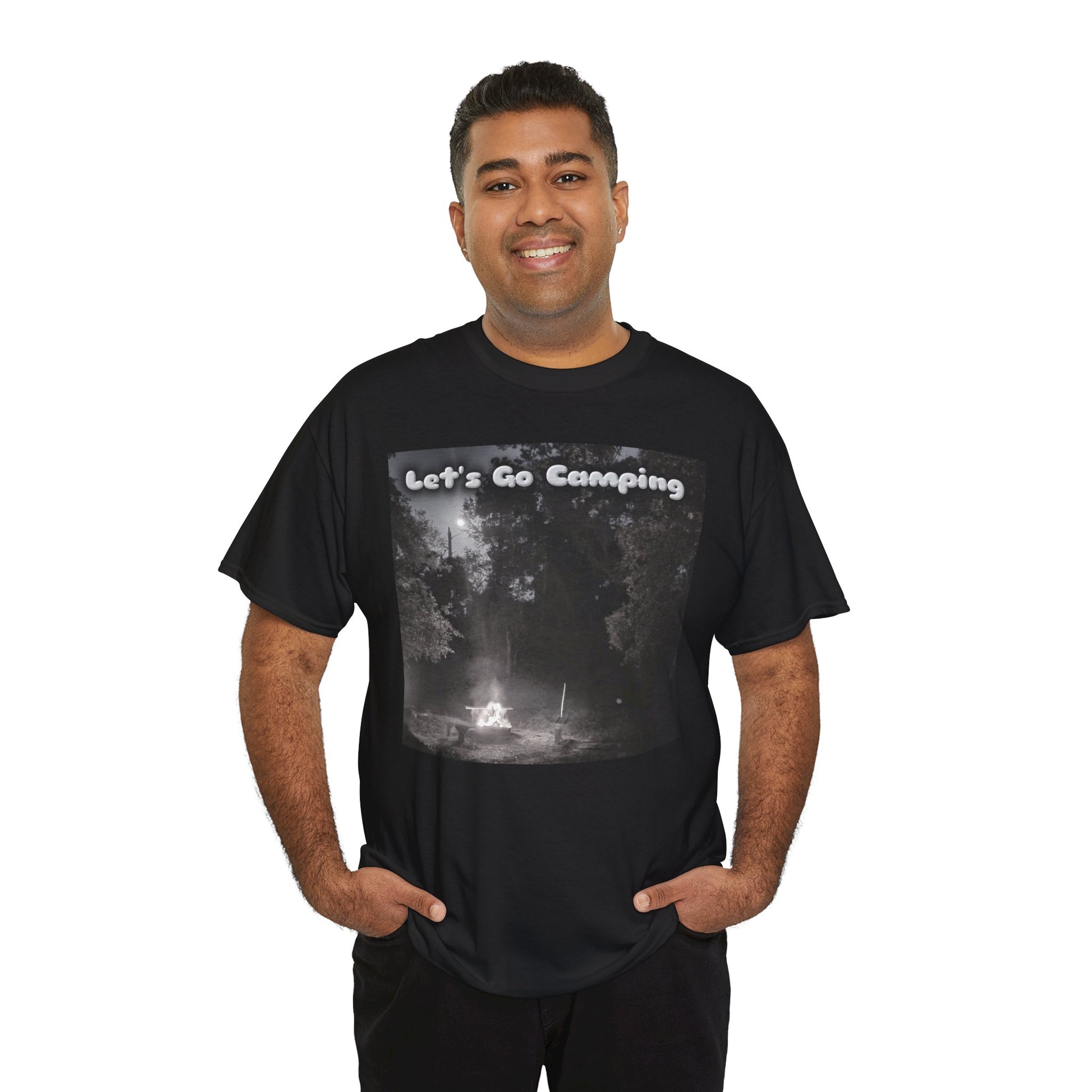 Black unisex camping t-shirt featuring a nostalgic camping scene with the text Let's Go Camping