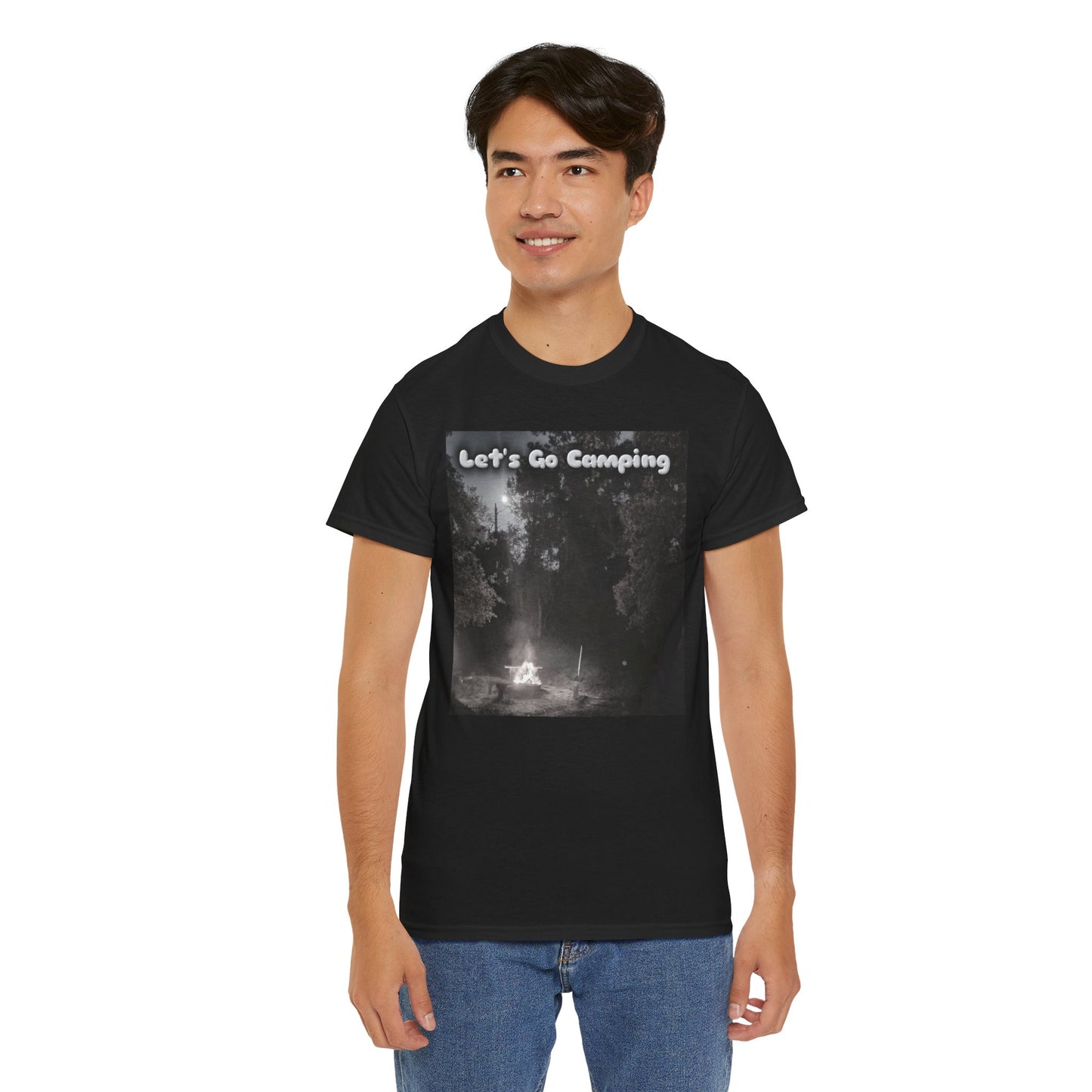 Black unisex camping t-shirt featuring a 'Let's Go Camping' graphic and a comfortable fit