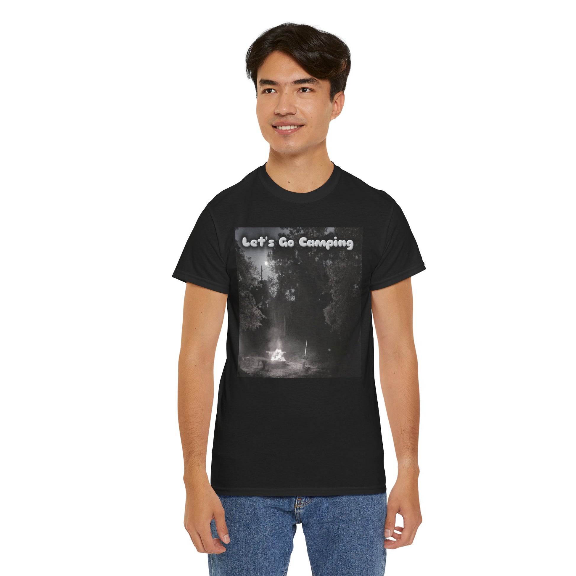 Black unisex camping t-shirt featuring a 'Let's Go Camping' graphic and a comfortable fit