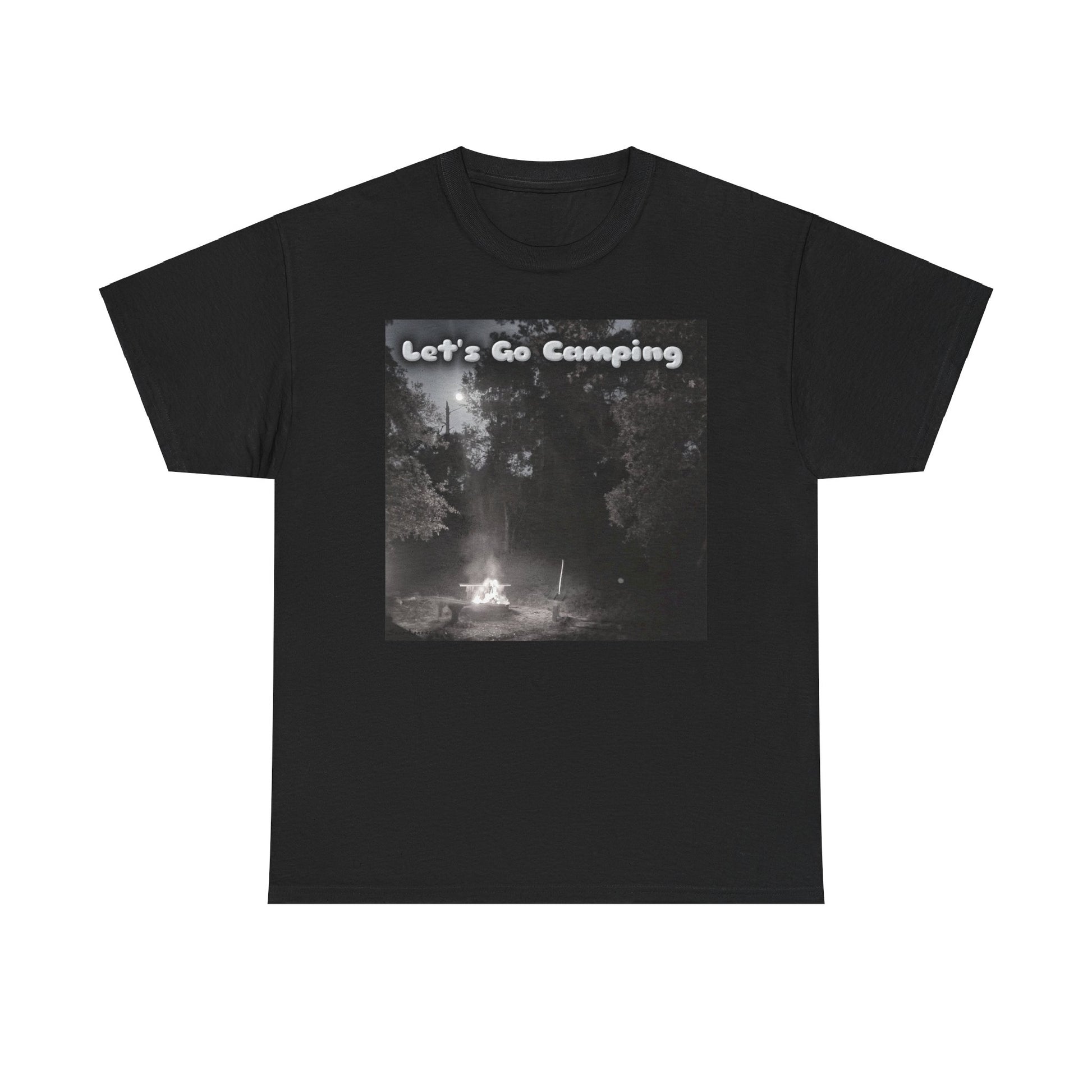 Black unisex camping t-shirt with a vintage campfire graphic and the text Let's Go Camping