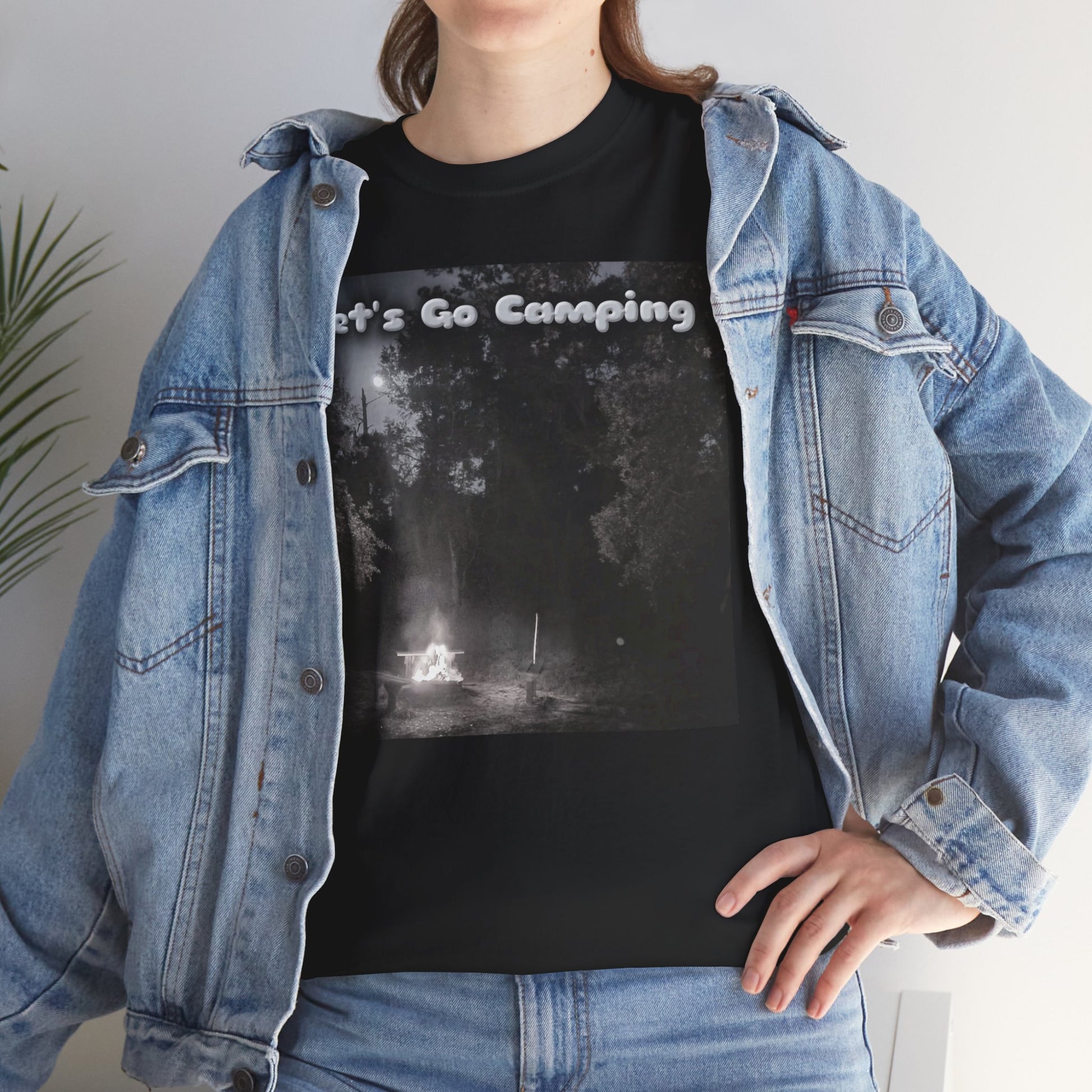 Unisex camping t-shirt featuring a campfire graphic and fun text for outdoor enthusiasts