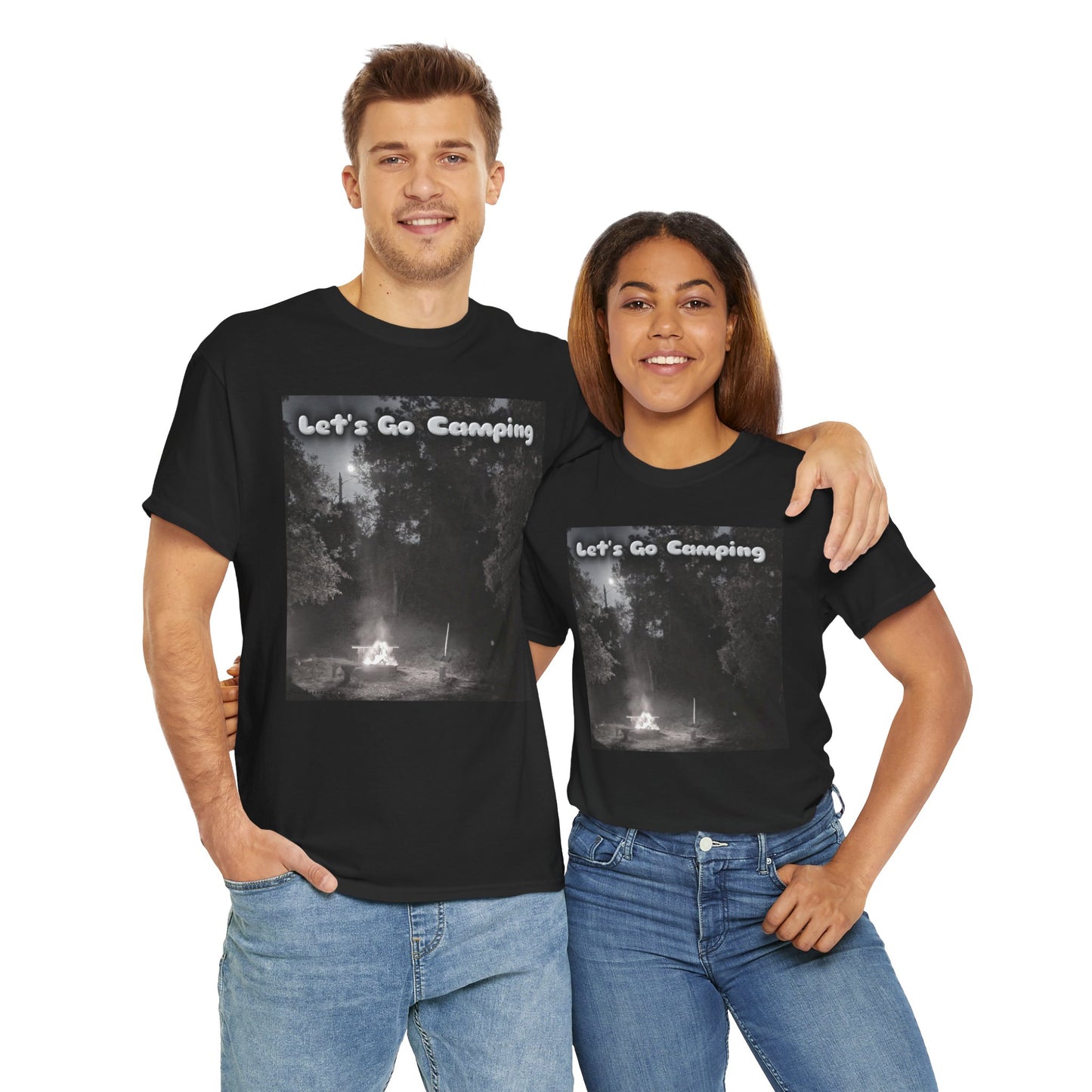 Unisex camping t-shirt featuring a vintage camping scene with the text Let's Go Camping