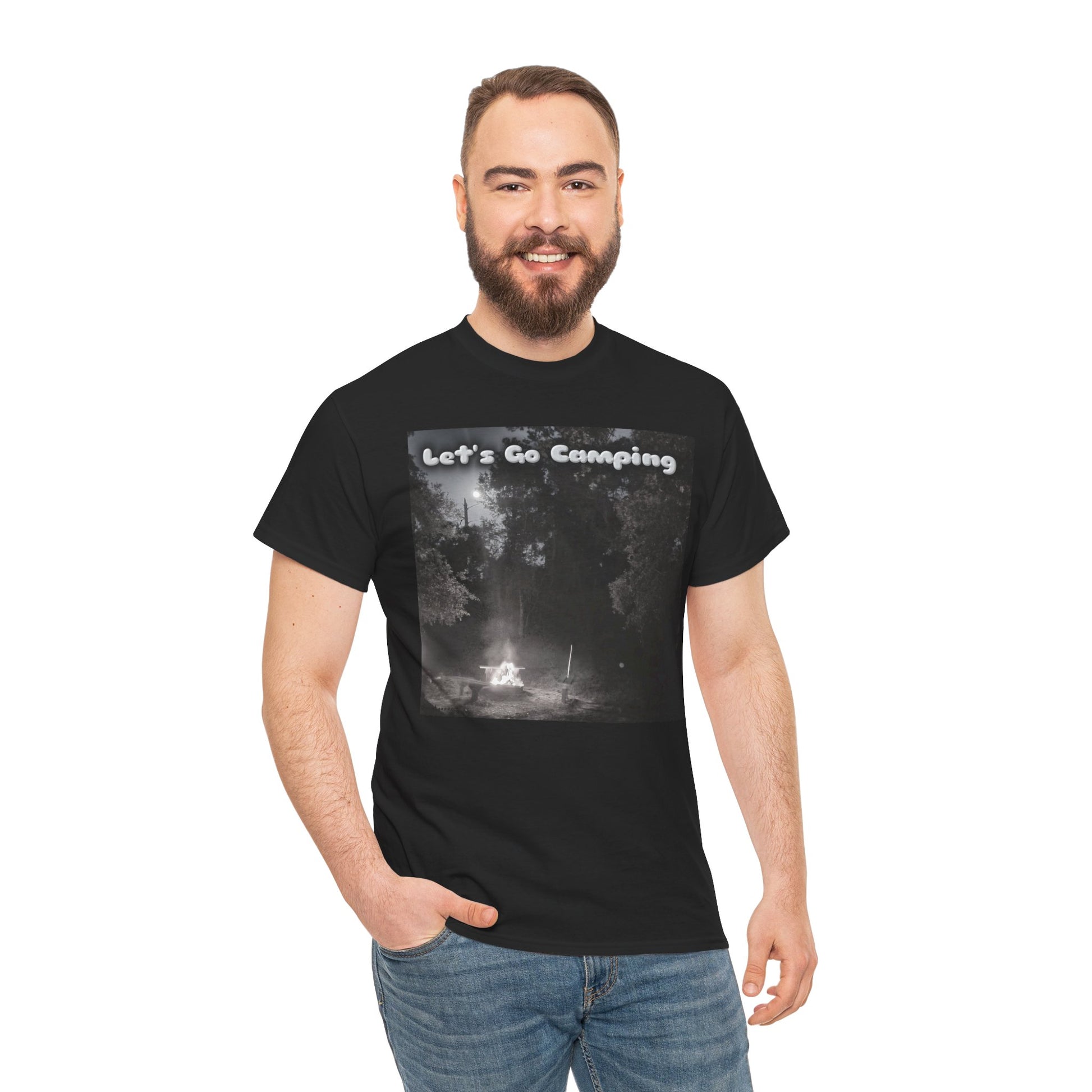 Black unisex camping t-shirt with a camping theme and 'Let's Go Camping' print on the front