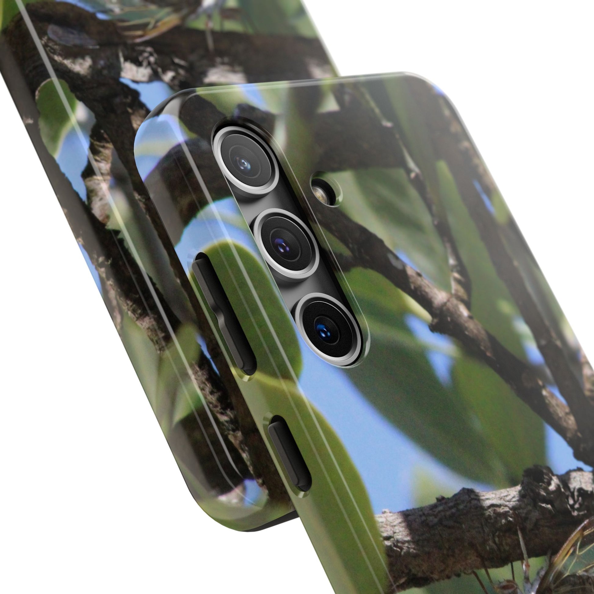 Rugged cicada phone case featuring a detailed nature design with branches and leaves