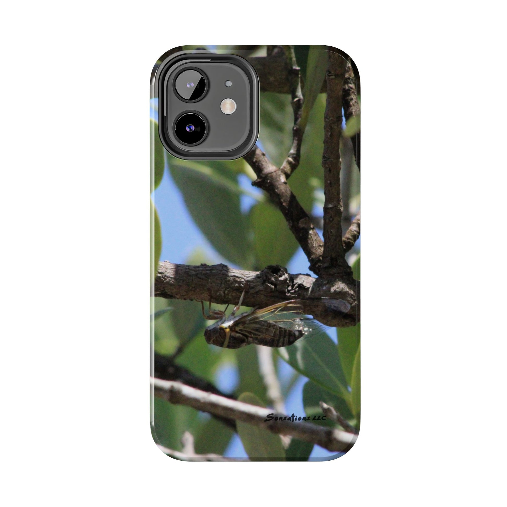 Rugged cicada phone case featuring a nature-inspired design with vibrant greenery3