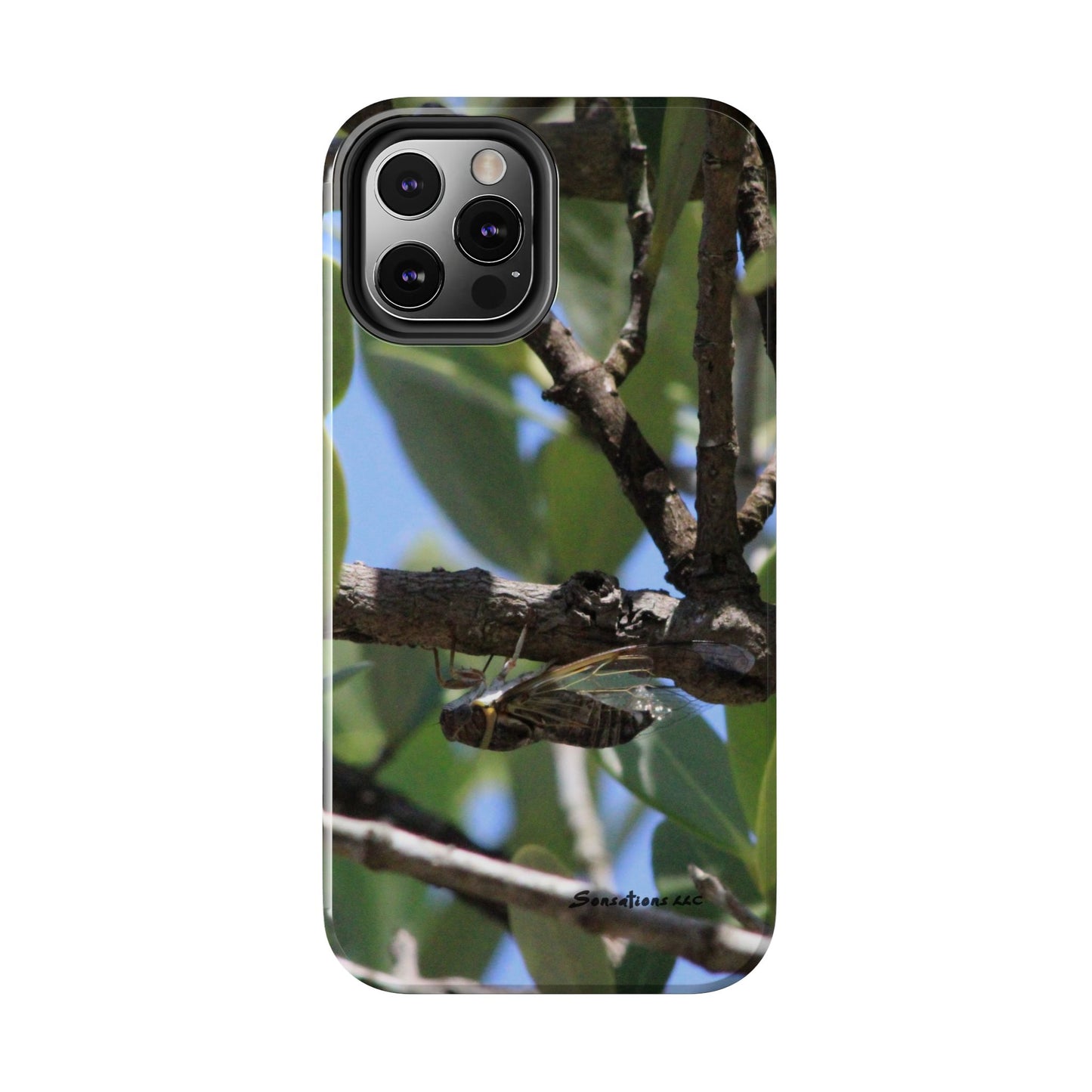 Rugged cicada phone case featuring a detailed design of a cicada on a tree branch4