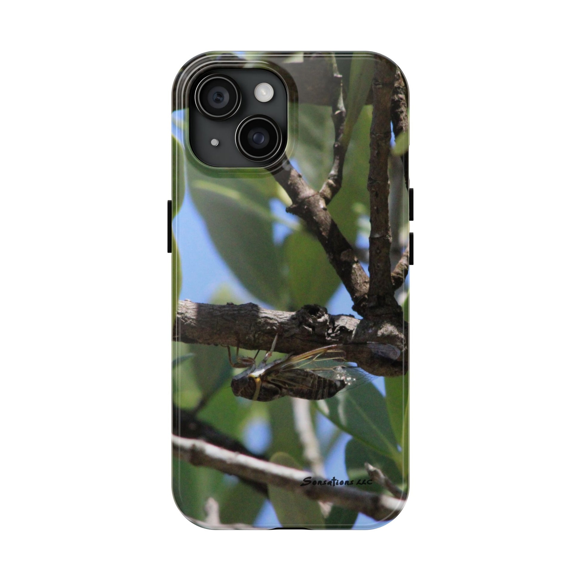 Rugged cicada phone case featuring a unique design of cicadas on a tree branch