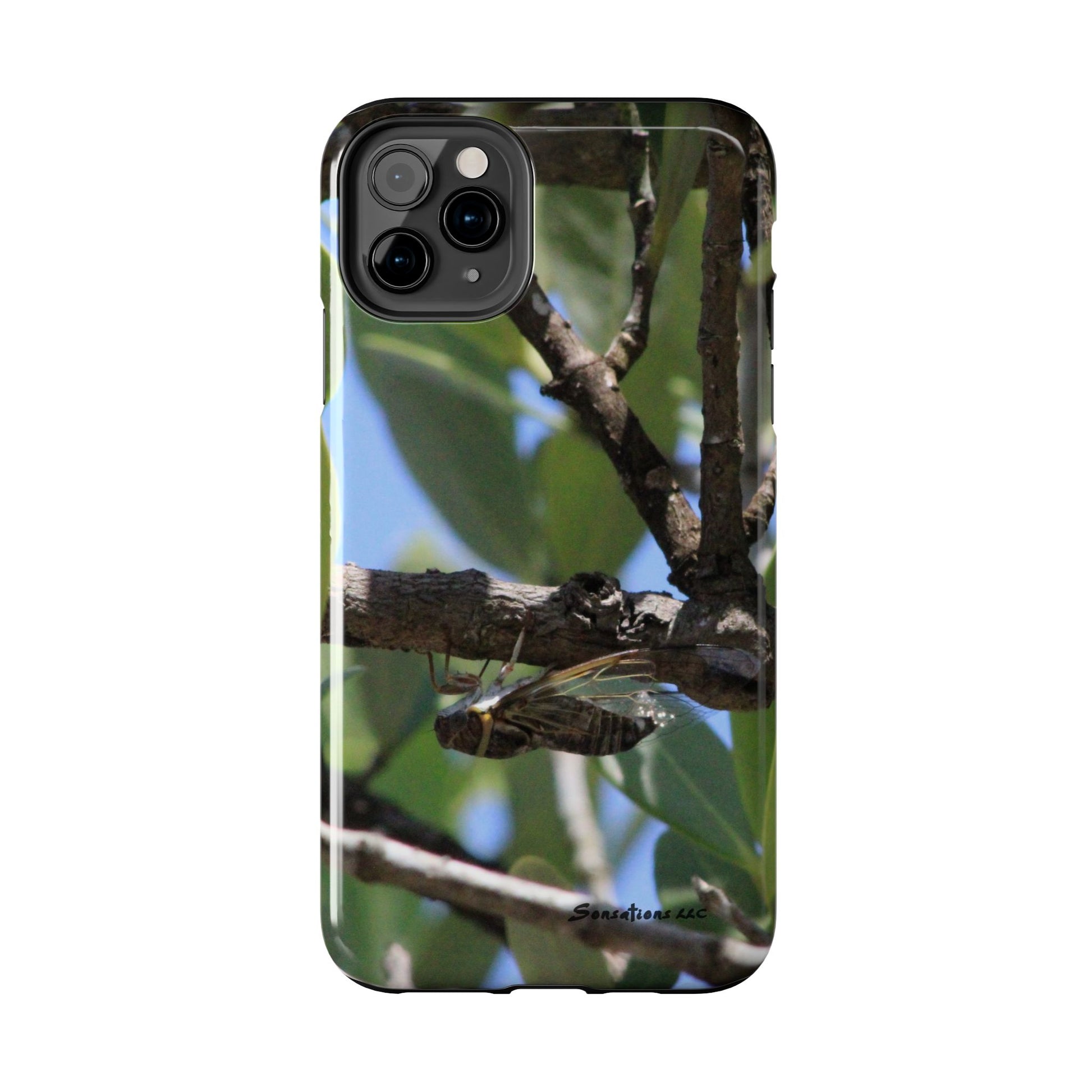 Rugged cicada phone case with nature-inspired design featuring a cicada on a branch