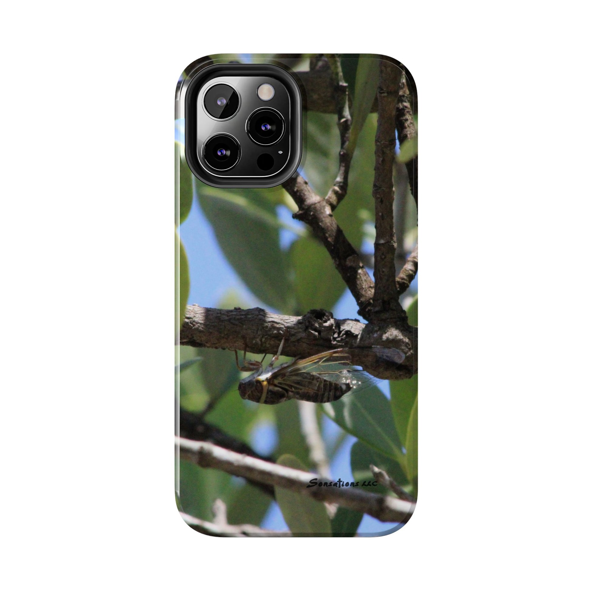 Rugged cicada phone case featuring a detailed image of a cicada on a tree branch5