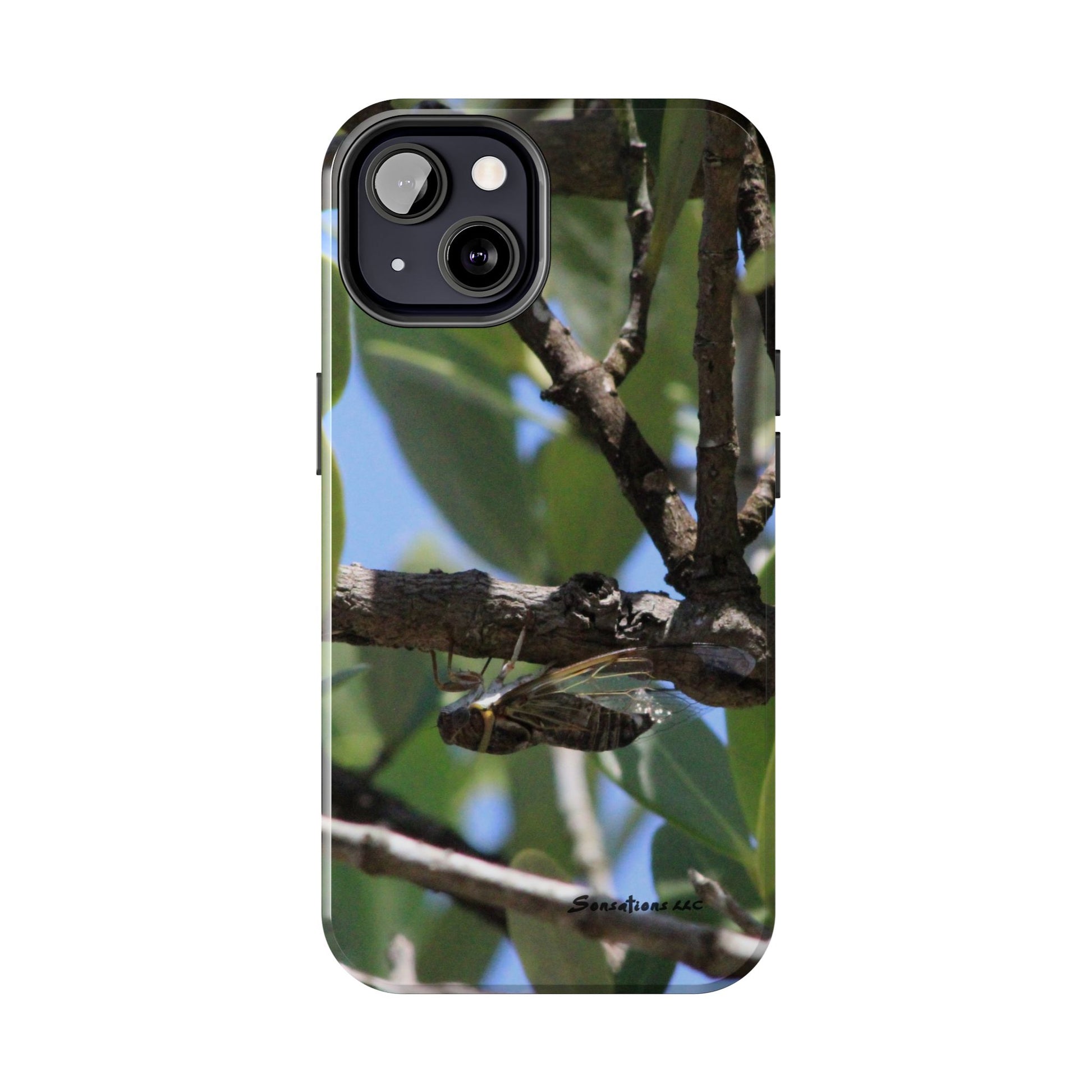 Rugged cicada phone case featuring a detailed image of a cicada on a branch among green leaves