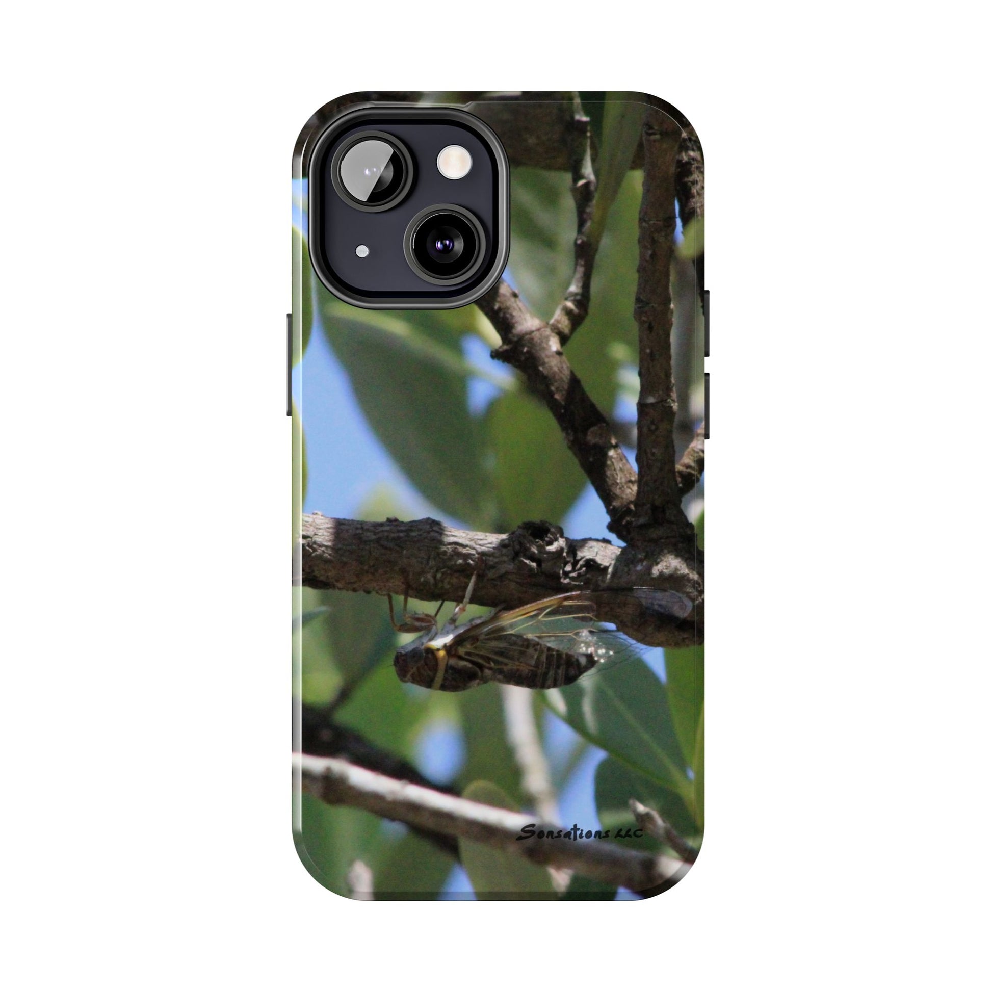 Rugged cicada phone case featuring a nature-inspired design with a detailed insect image on a protective cover