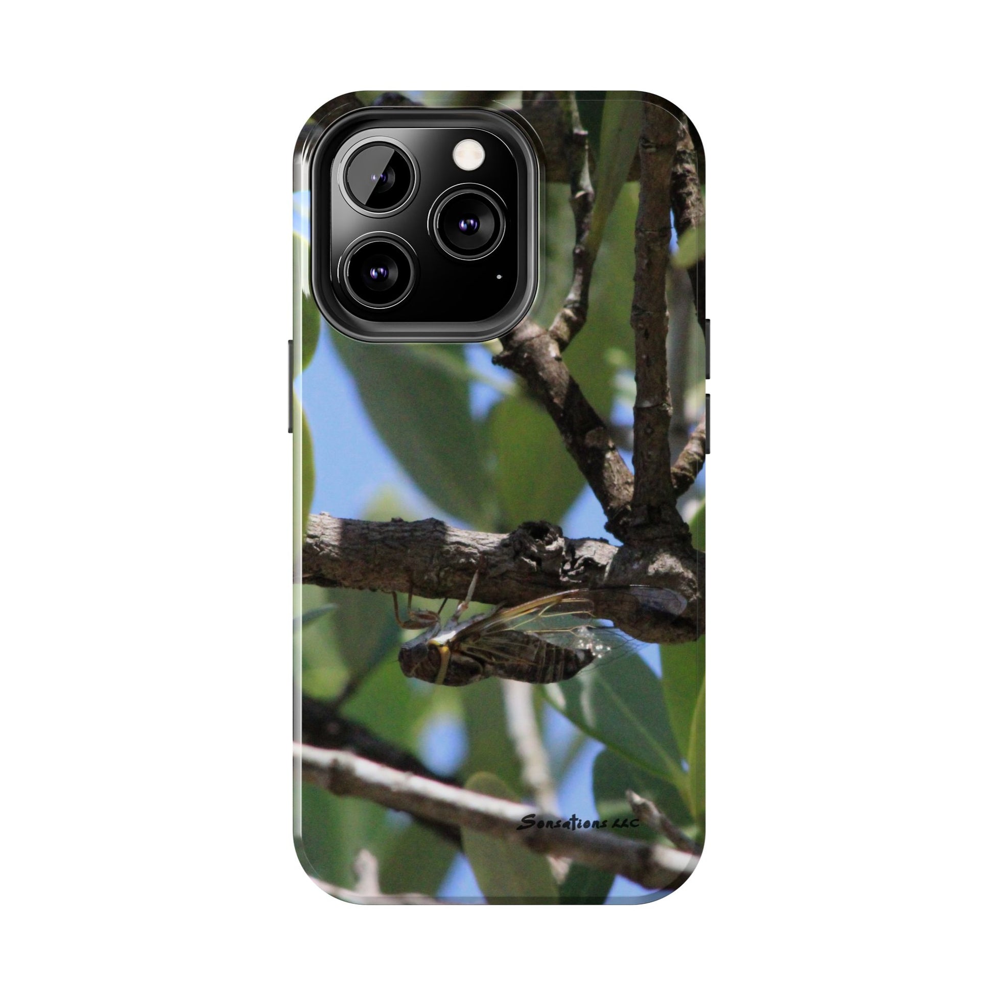 Rugged cicada phone case featuring a detailed nature design with a cicada on a tree branch