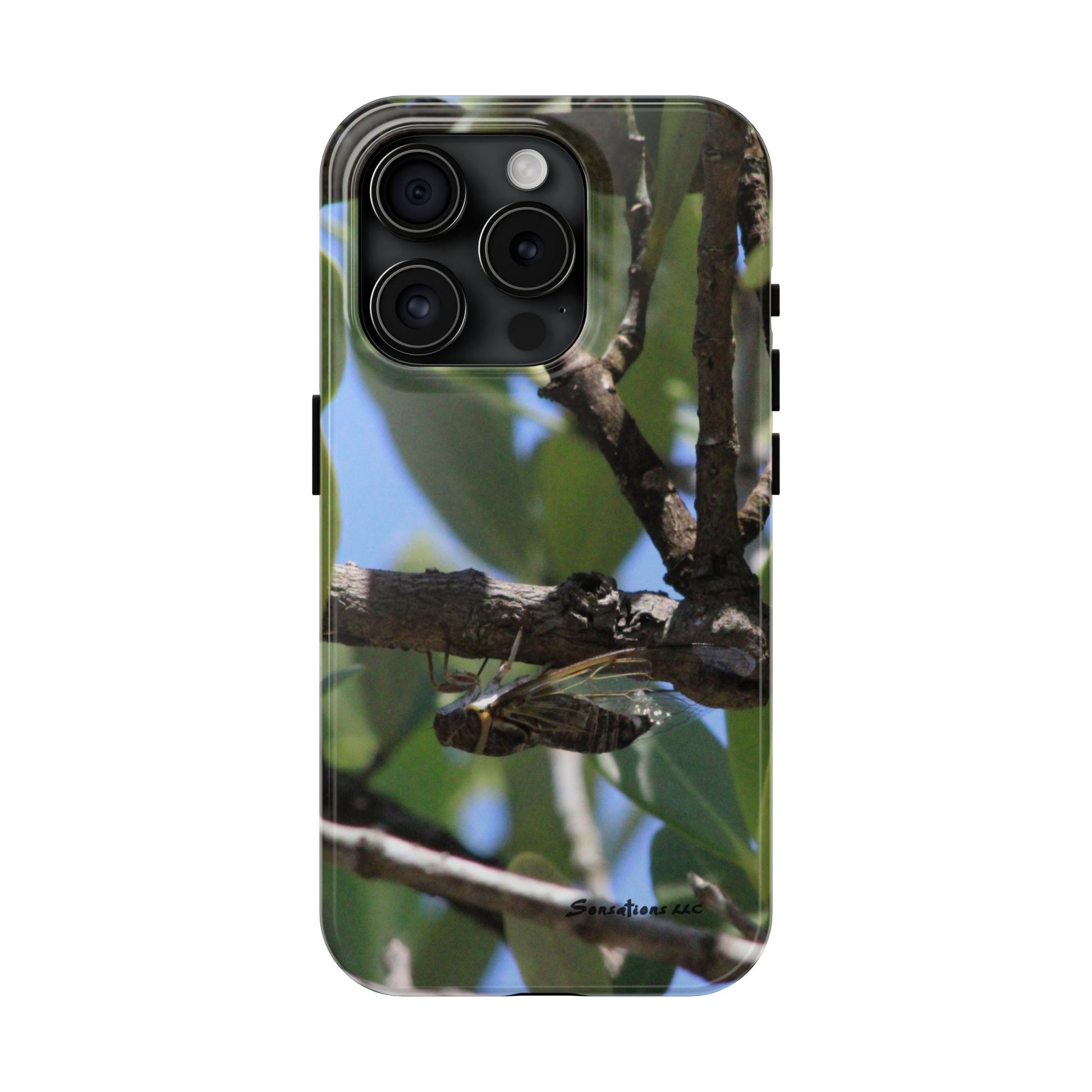 Rugged cicada phone case featuring a detailed design of a cicada on a tree branch
