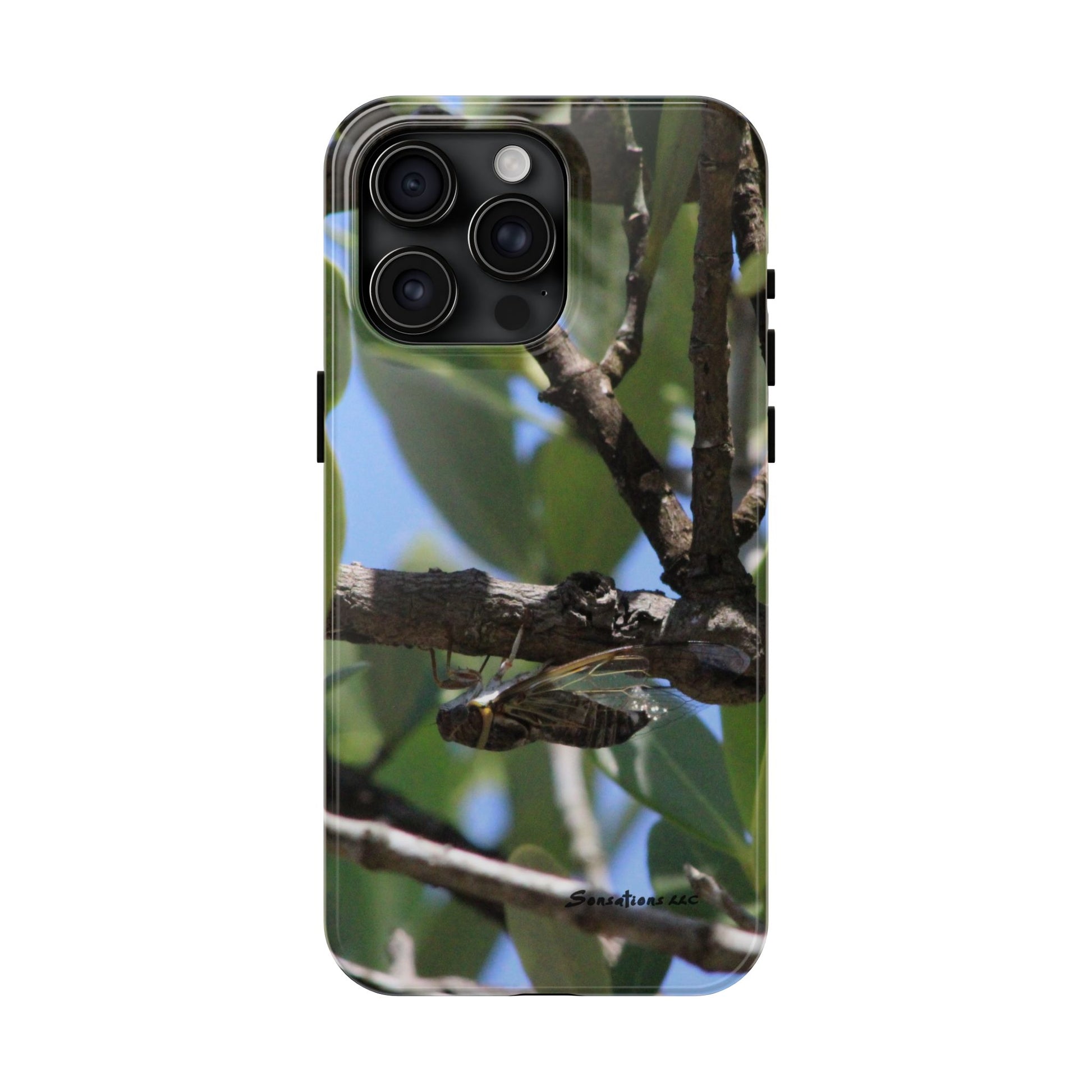 Rugged cicada phone case featuring a realistic cicada design on a nature background