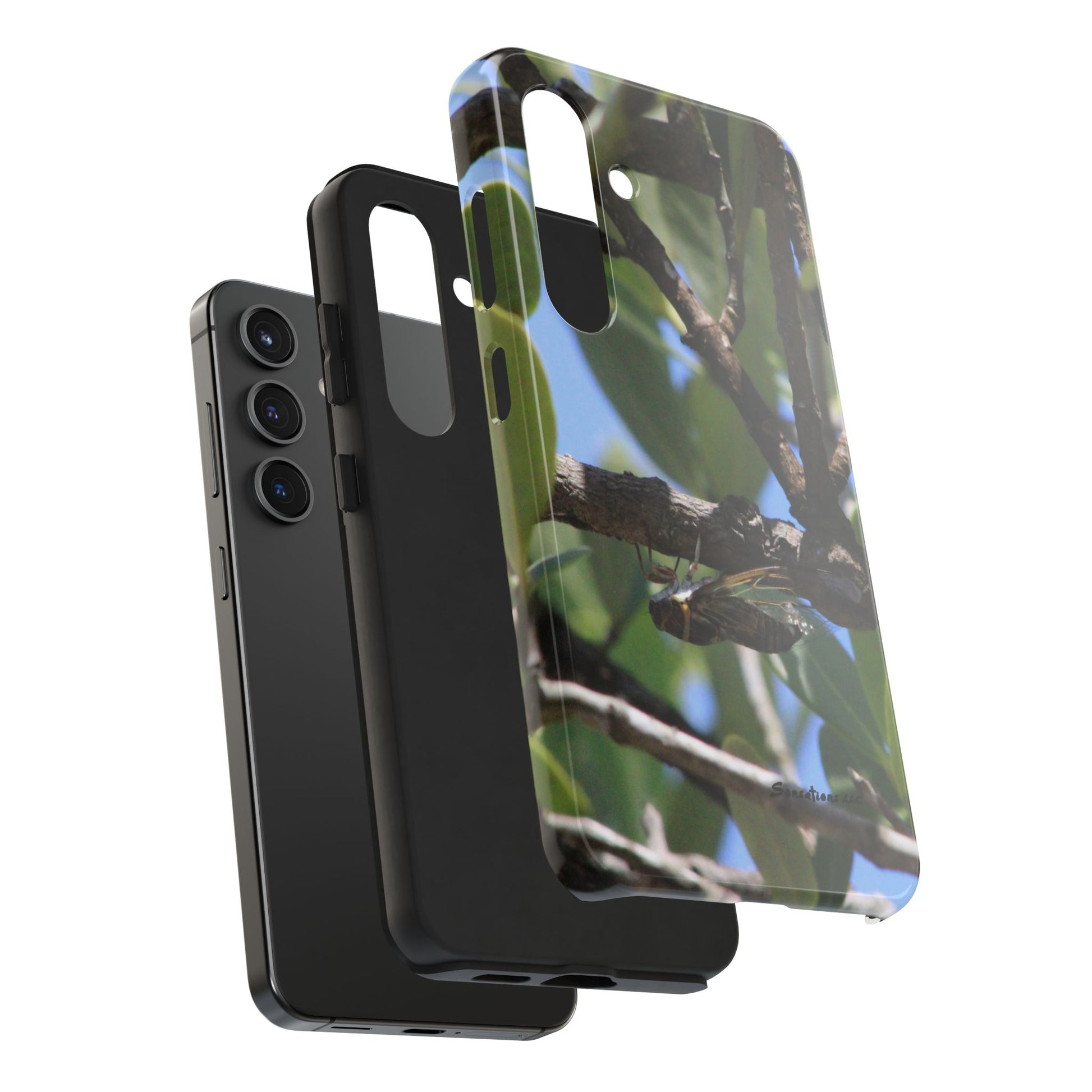 Rugged cicada phone case designed for protection with a unique cicada print