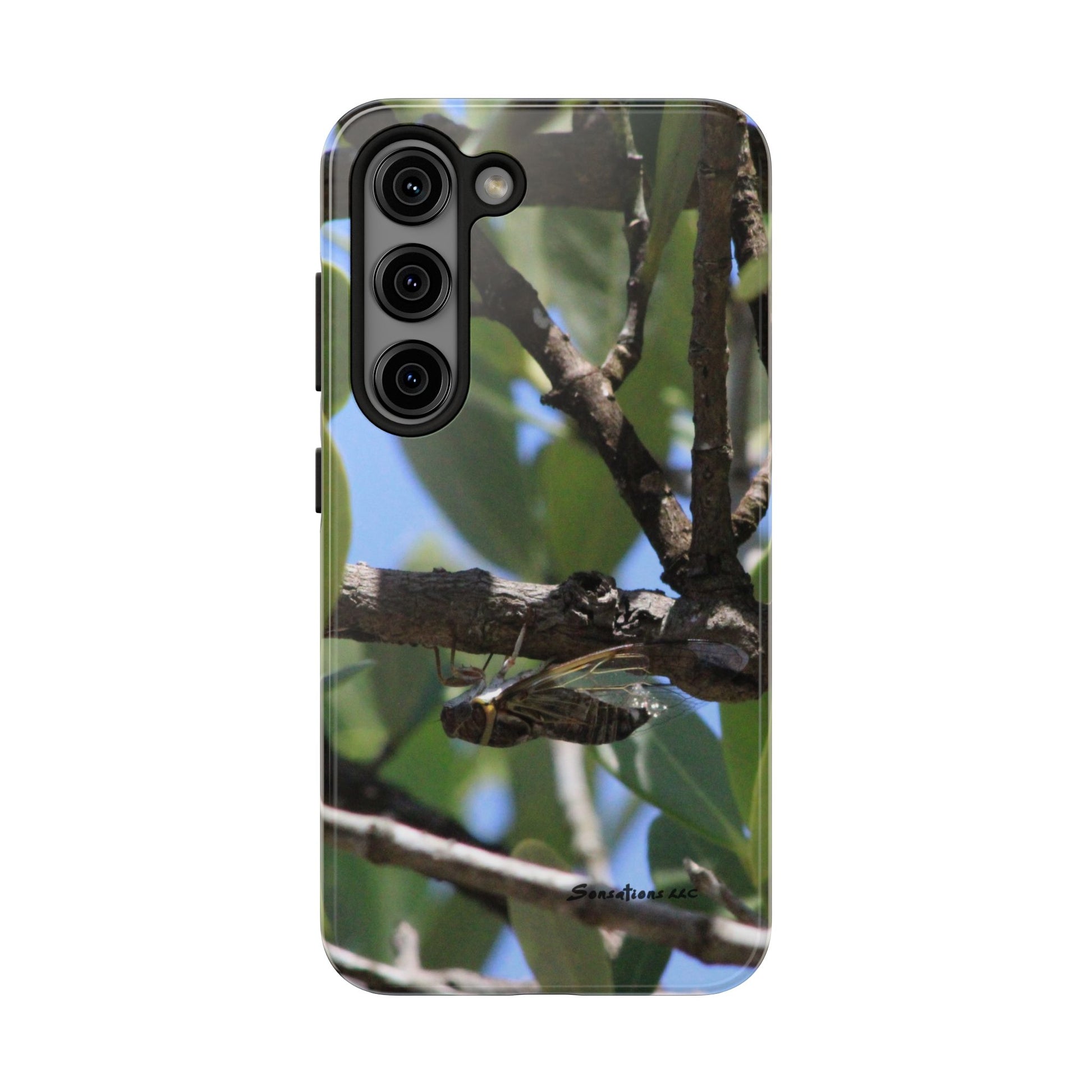 Rugged cicada phone case featuring a detailed image of a cicada on a tree branch