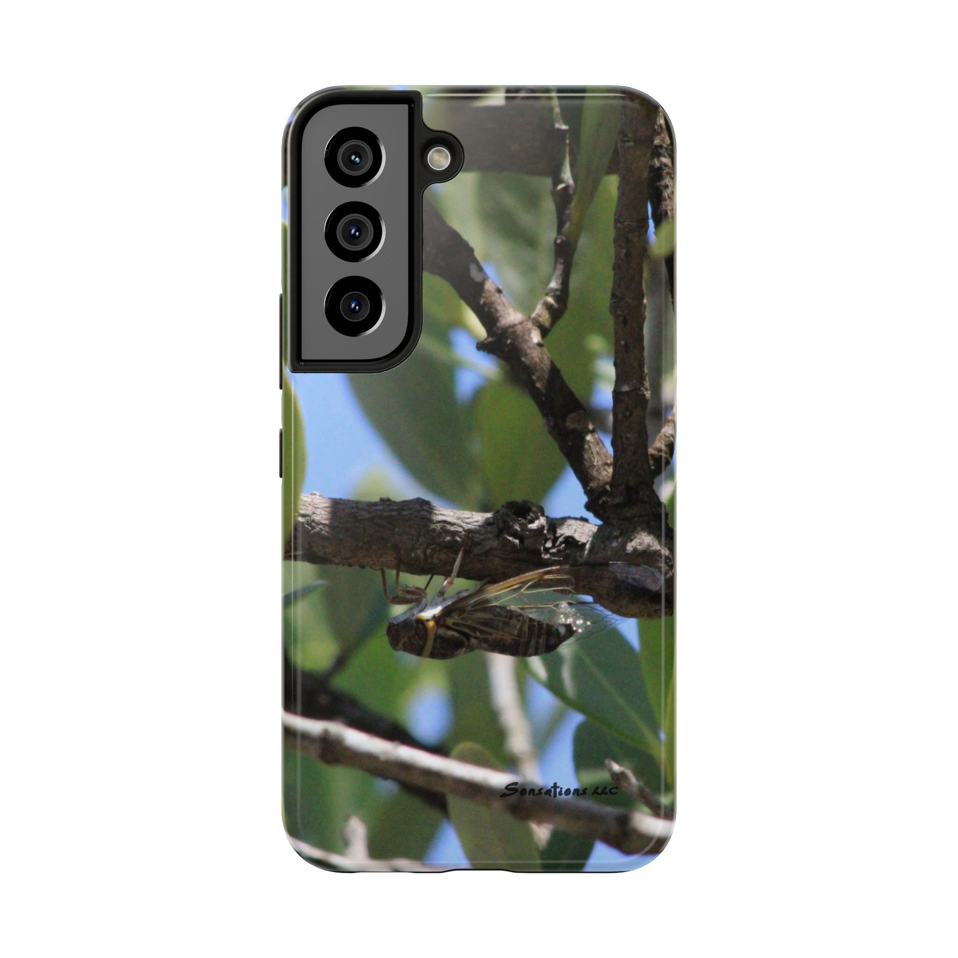 Rugged cicada phone case featuring a nature-inspired design with a close-up of a cicada on a tree branch