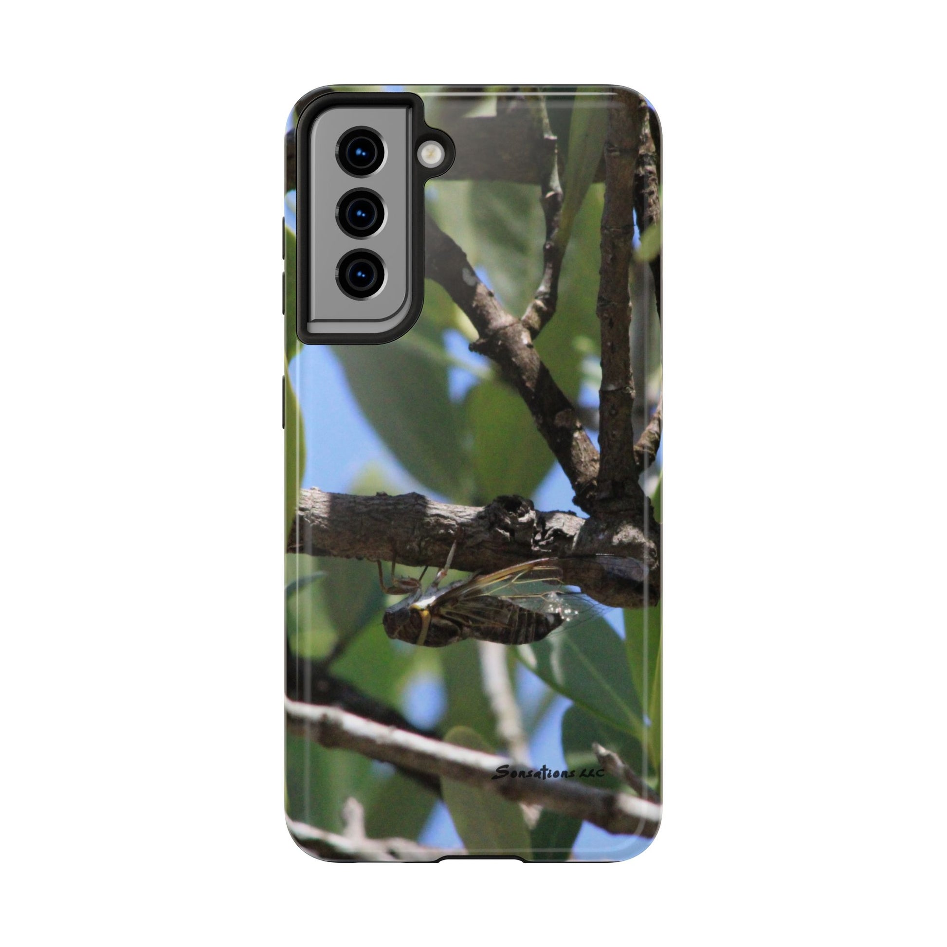 Rugged cicada phone case featuring a nature-inspired design with vibrant greenery