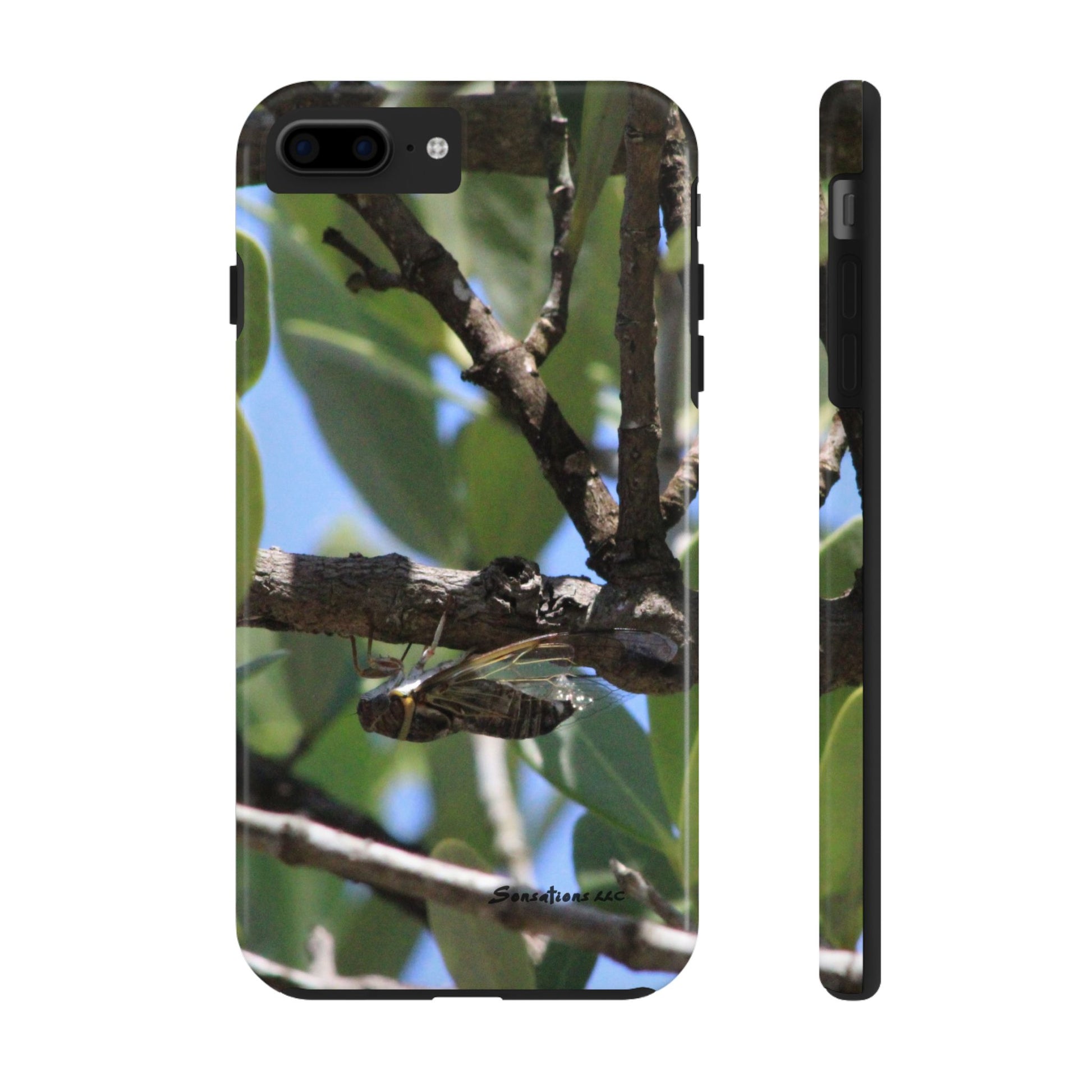 Rugged cicada phone case featuring a realistic design with vibrant greenery