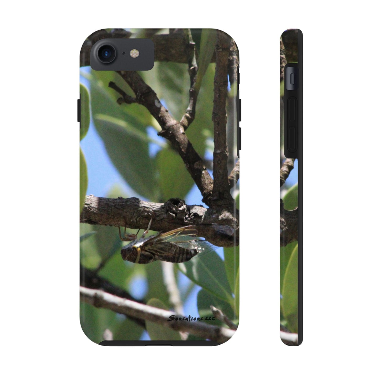 Rugged cicada phone case featuring a detailed design with a cicada on a tree branch