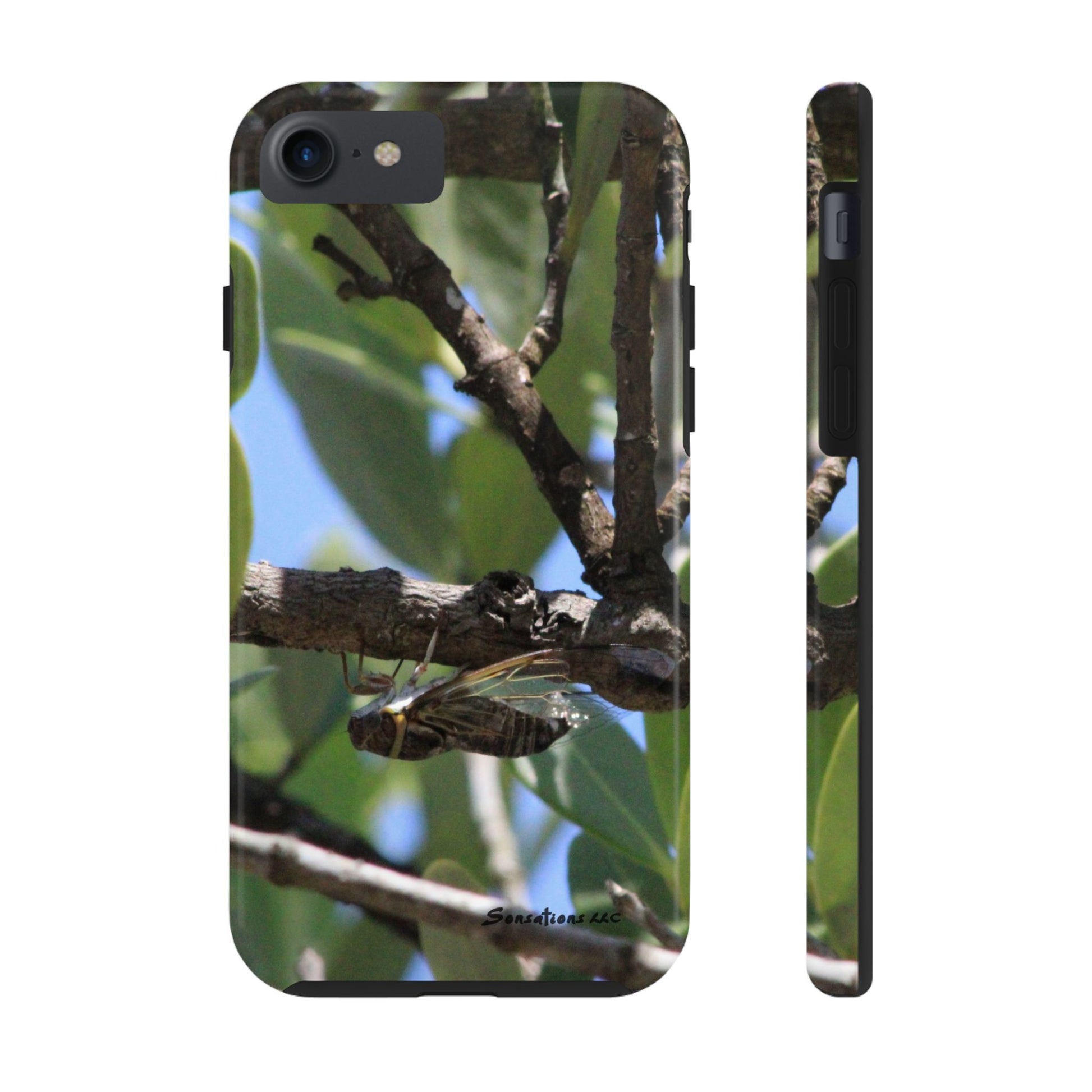 Rugged cicada phone case featuring a detailed design with a cicada on a tree branch