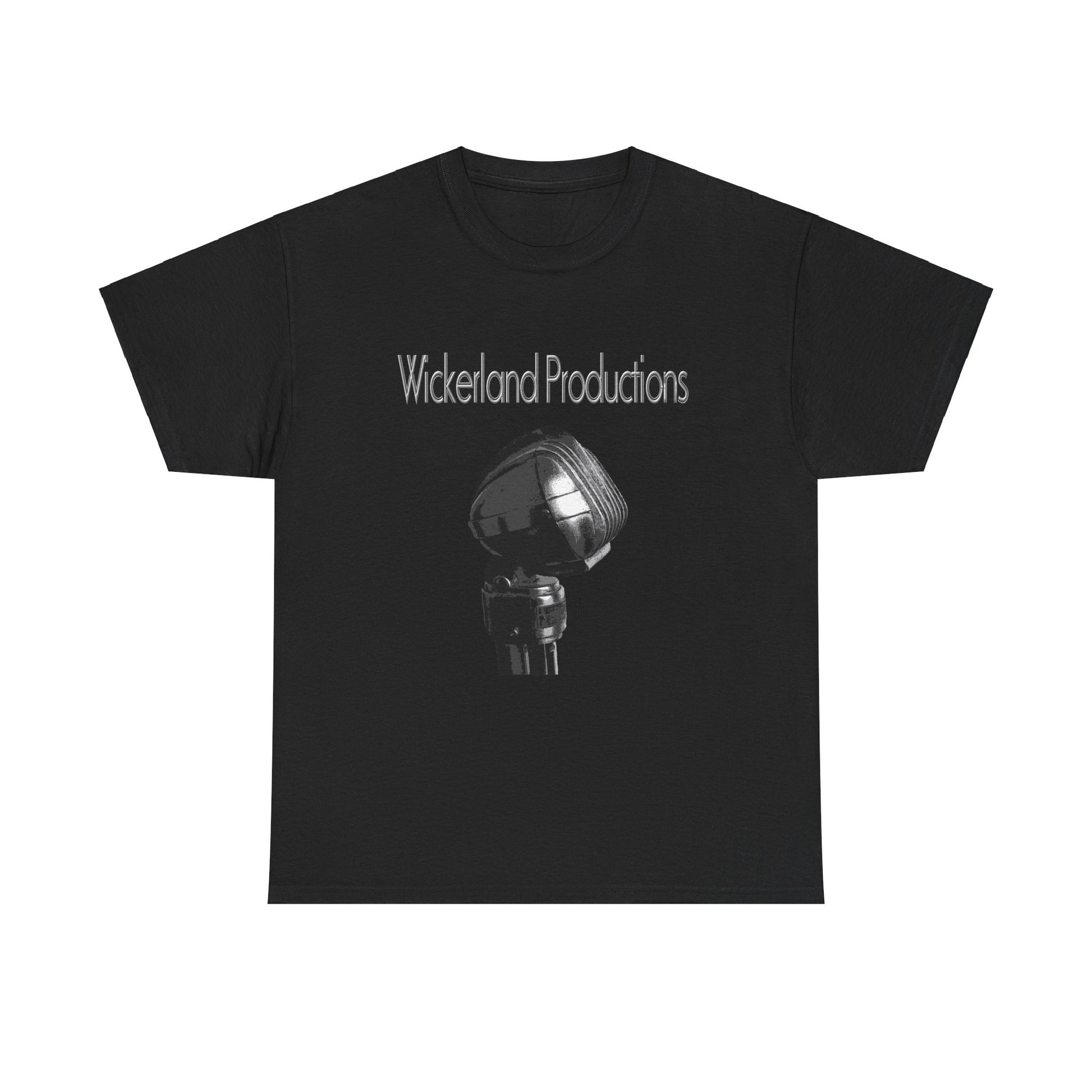 Black Wickerland Productions shirt featuring a classic microphone design for music lovers