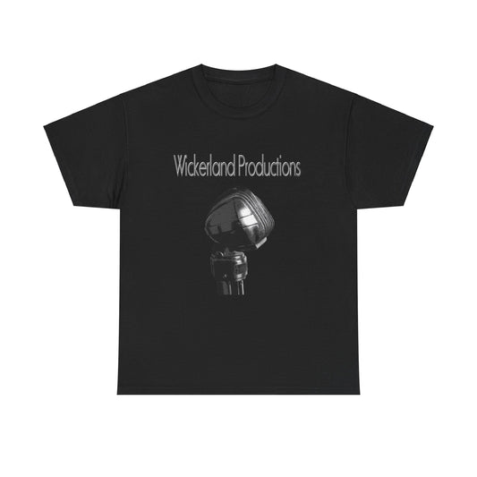 Black Wickerland Productions shirt featuring a classic microphone design for music lovers