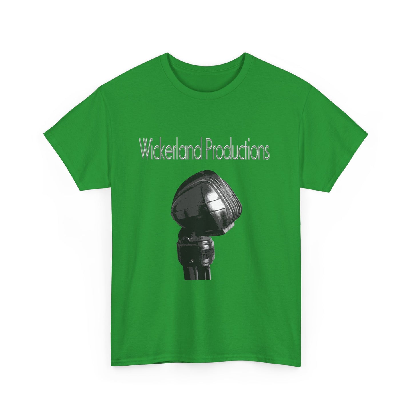 Green Wickerland Productions shirt featuring a microphone graphic for casual wear