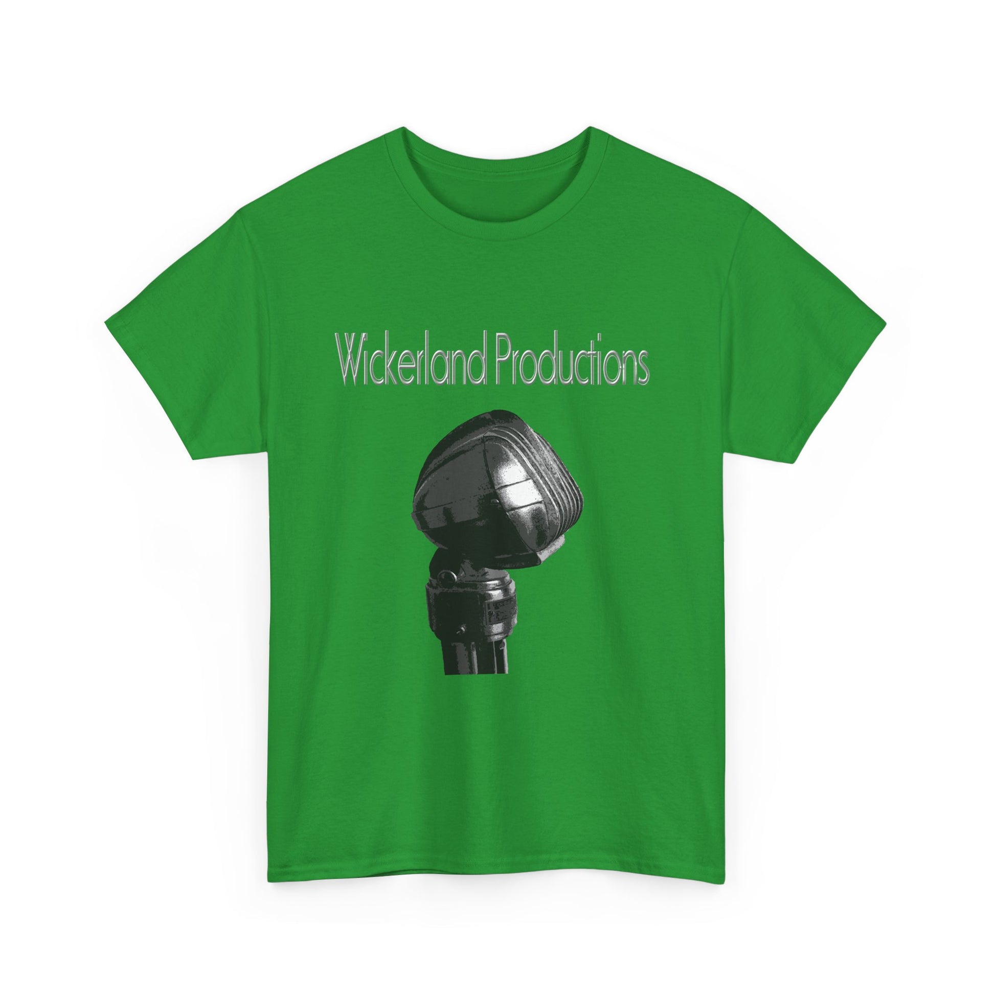 Green Wickerland Productions shirt featuring a microphone graphic for casual wear