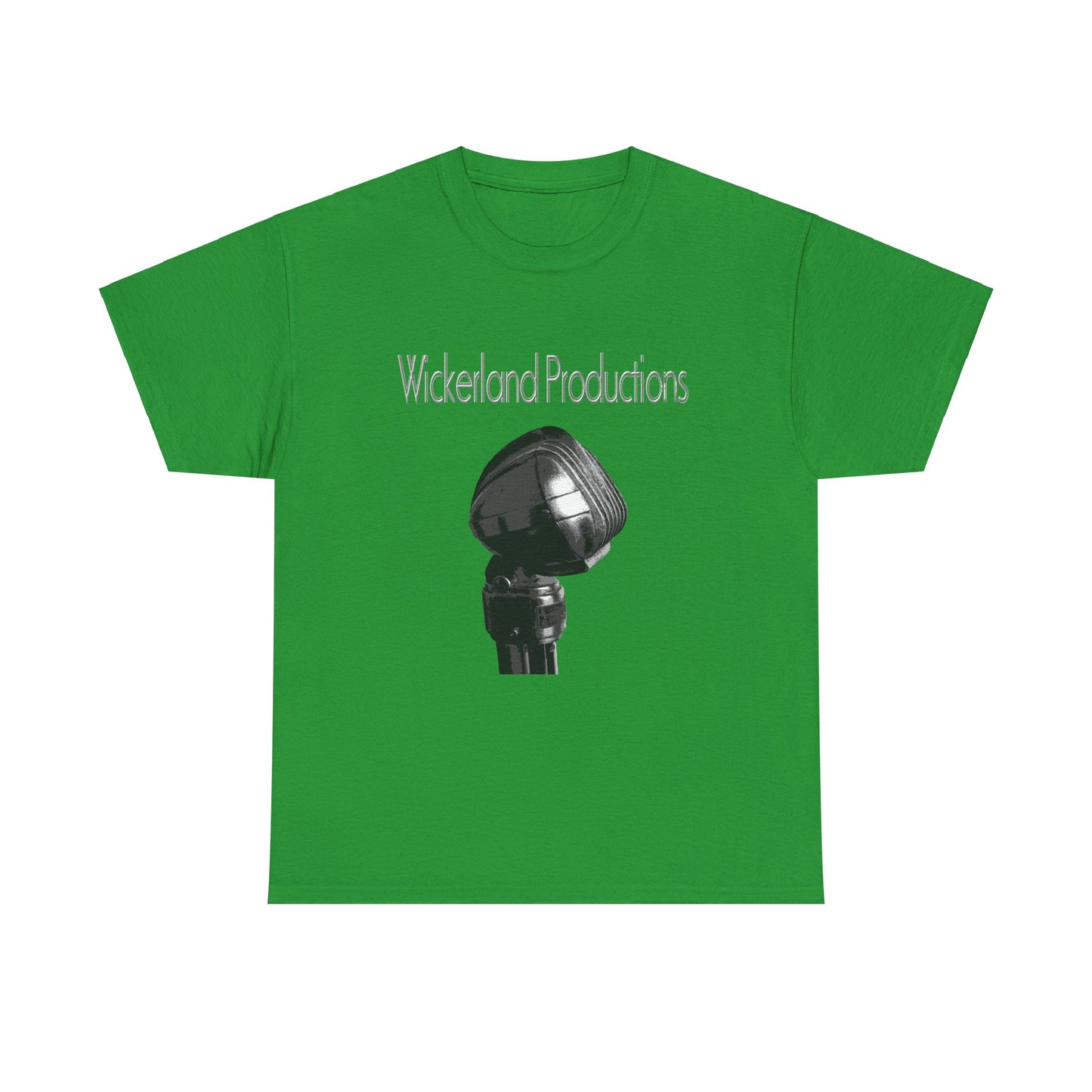 Green Wickerland Productions shirt featuring a classic microphone design for music lovers