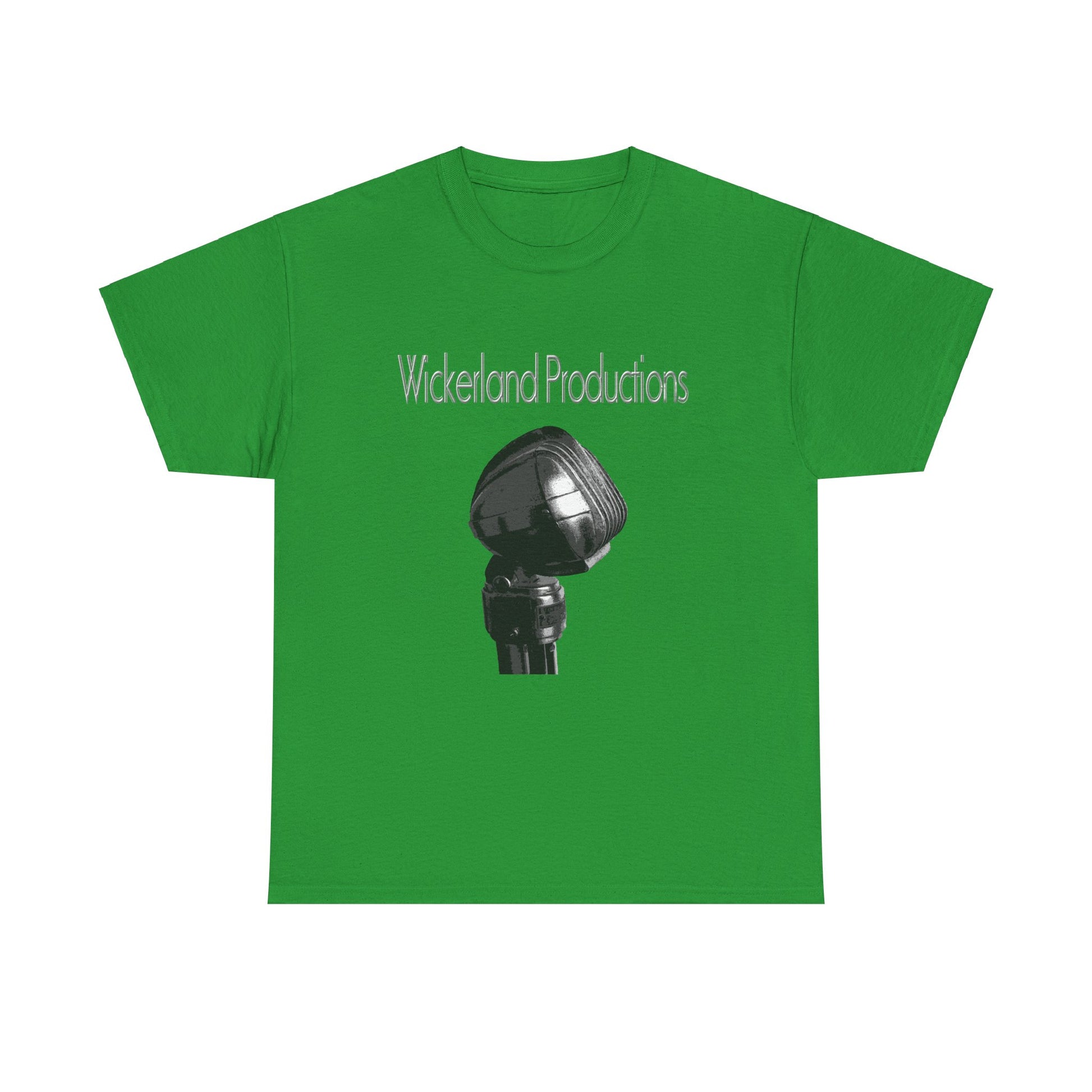 Green Wickerland Productions shirt featuring a classic microphone design for music lovers
