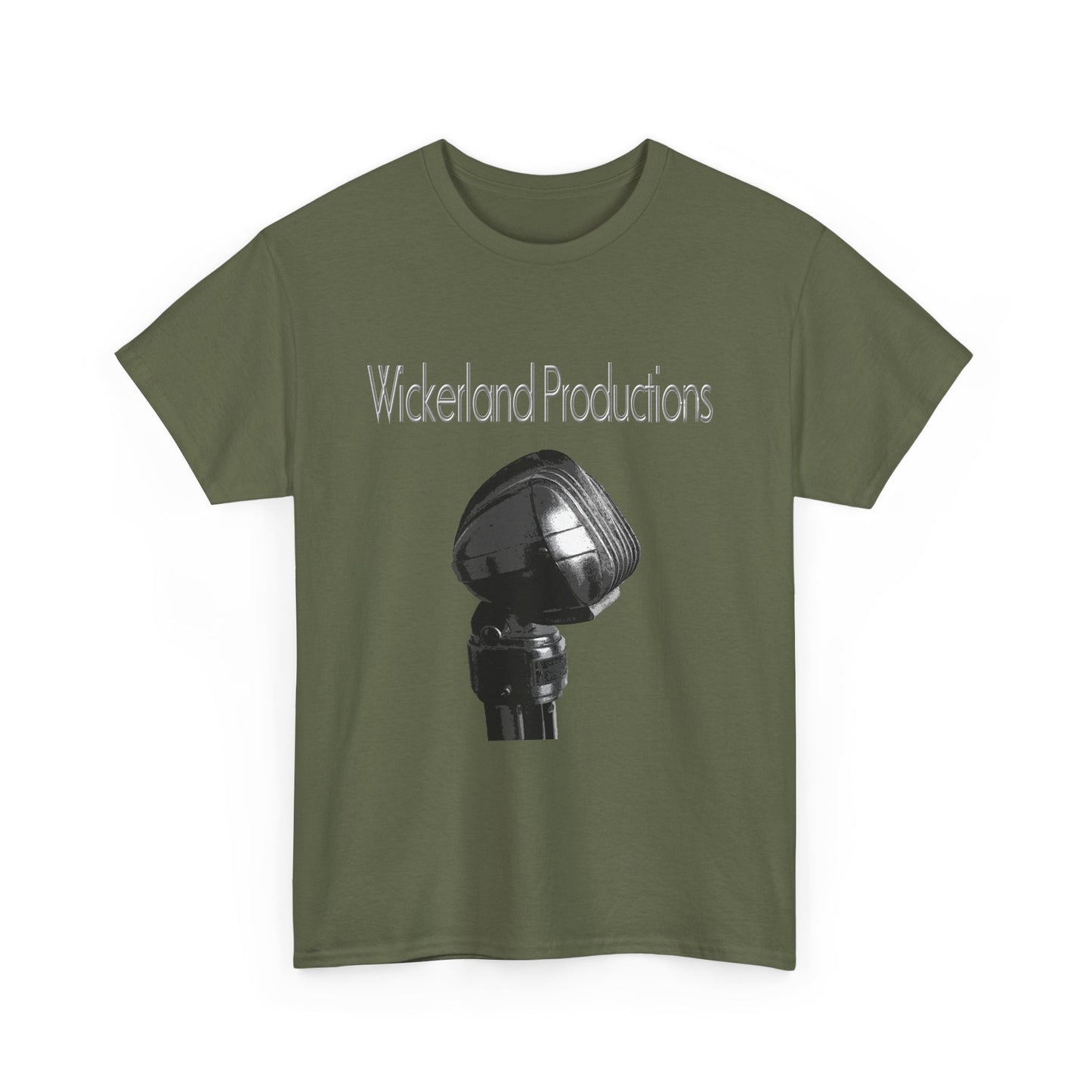 Olive green Wickerland Productions shirt featuring a microphone graphic for music enthusiasts