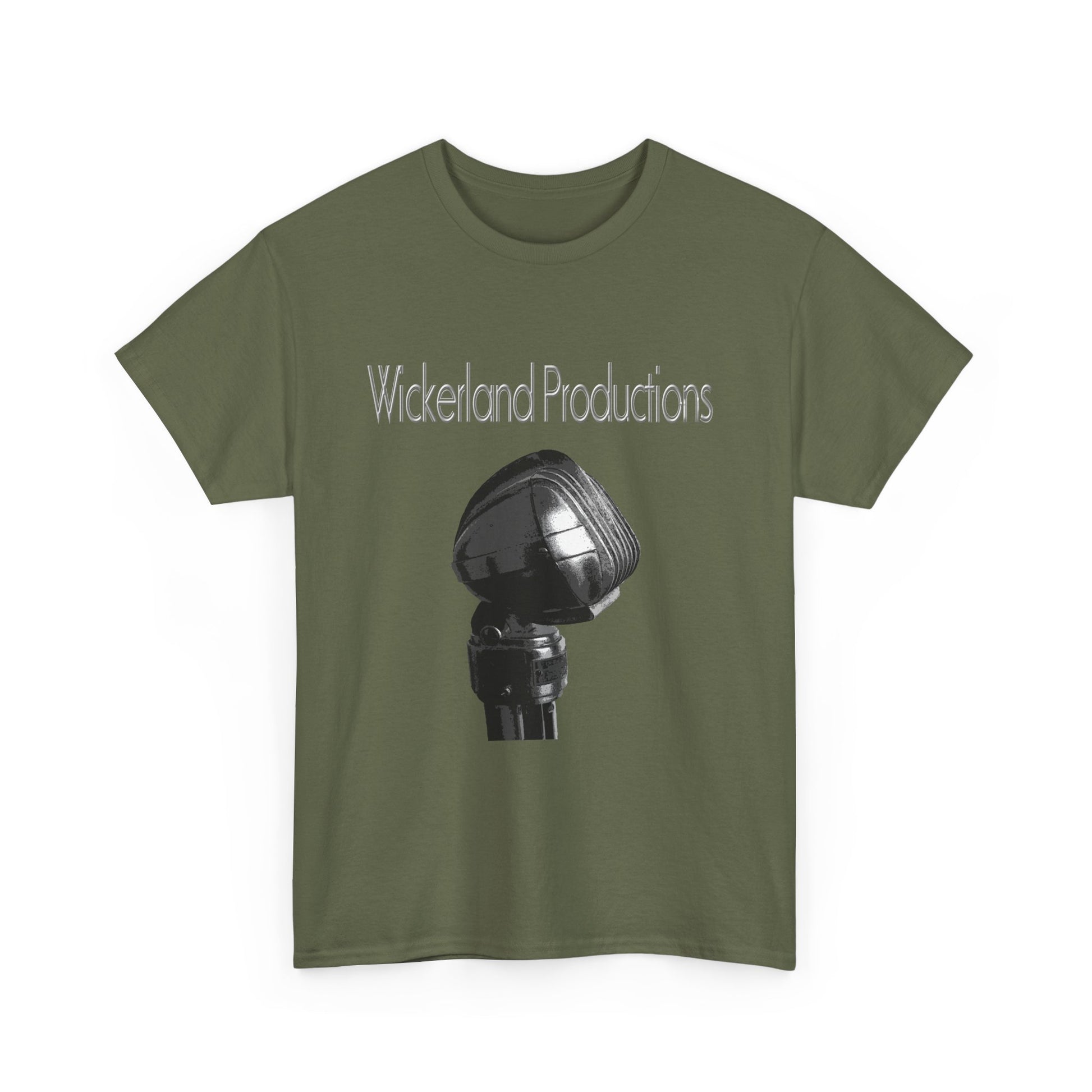 Olive green Wickerland Productions shirt featuring a microphone graphic for music enthusiasts