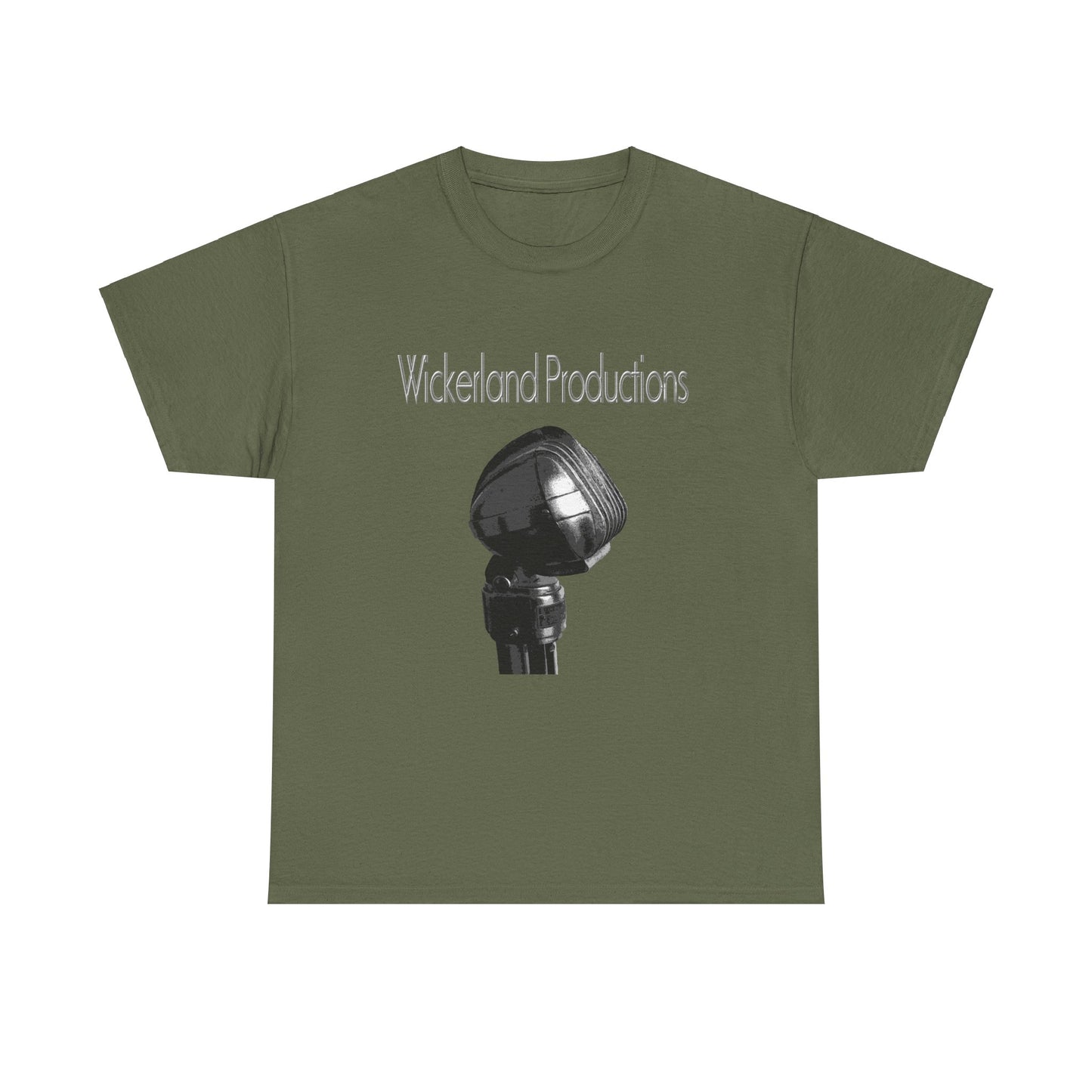 Olive green Wickerland Productions shirt featuring a vintage microphone design