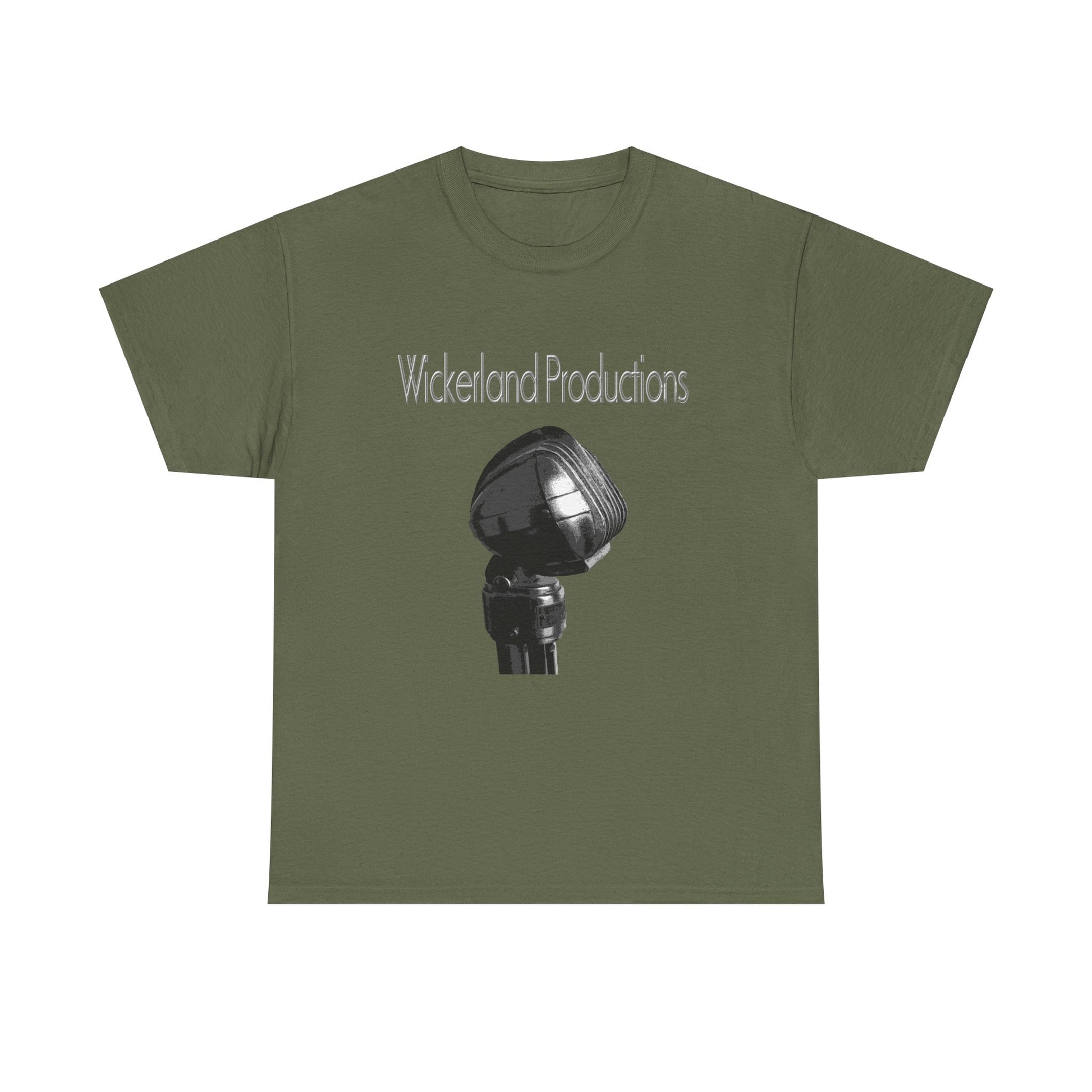 Olive green Wickerland Productions shirt featuring a vintage microphone design