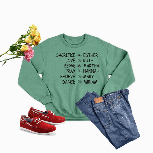 Green Women of the Bible sweatshirt featuring inspirational names for faith and empowerment