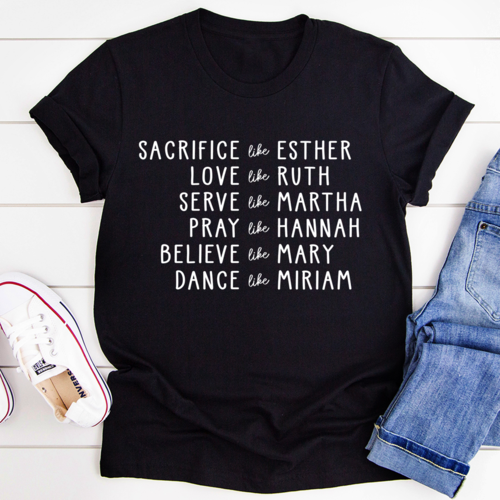 Scorpius Women of the Bible T-shirt in black featuring inspirational text about biblical figures