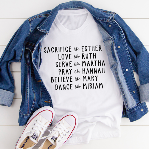 Women of the Bible T-shirt featuring names like Esther, Ruth, and Mary with a stylish denim jacket