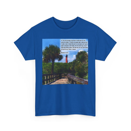 Blue you are the light scripture shirt featuring a lighthouse design and Matthew 5:14 text